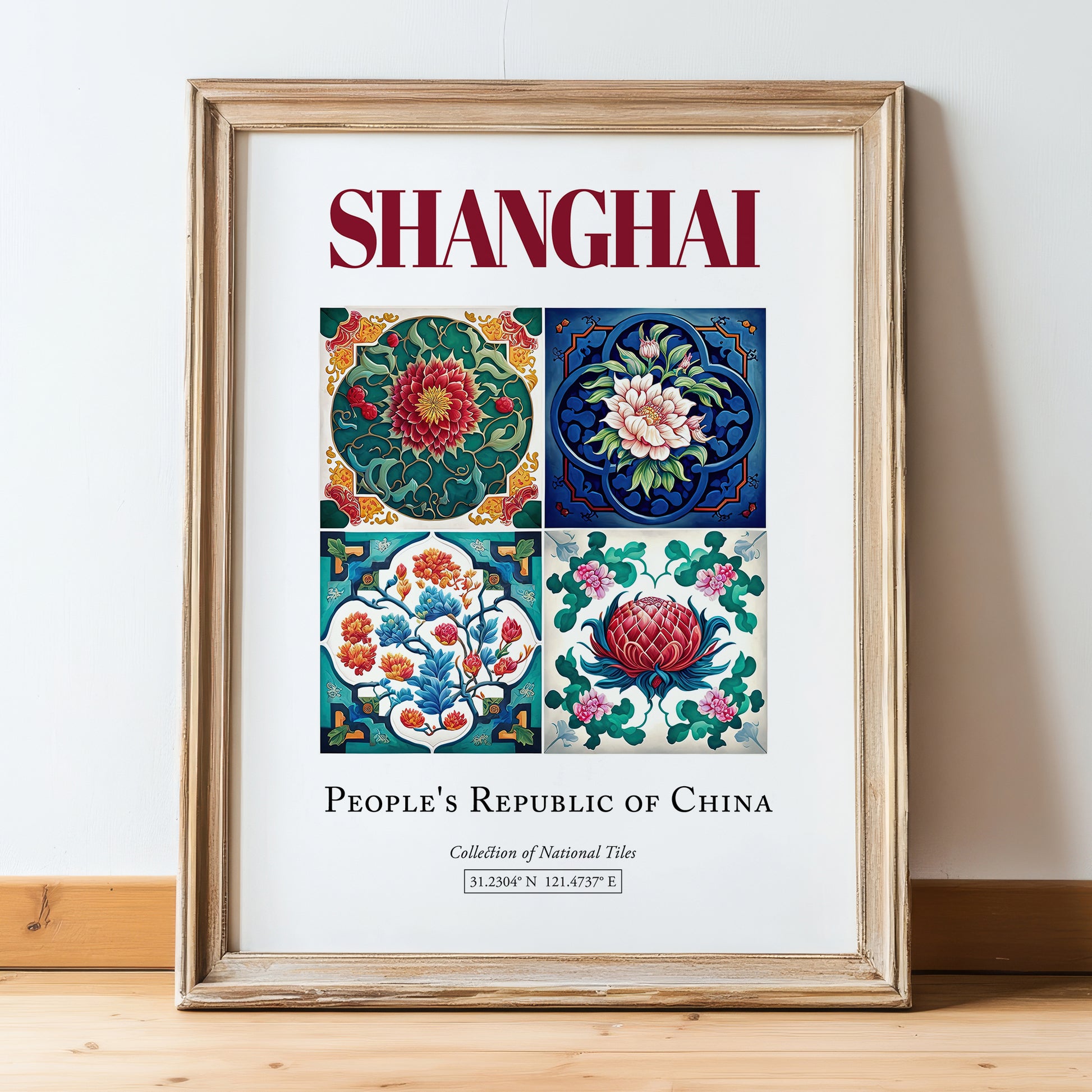 Shanghai, China – Travel Wall Art, in wooden frame leaning on the floor