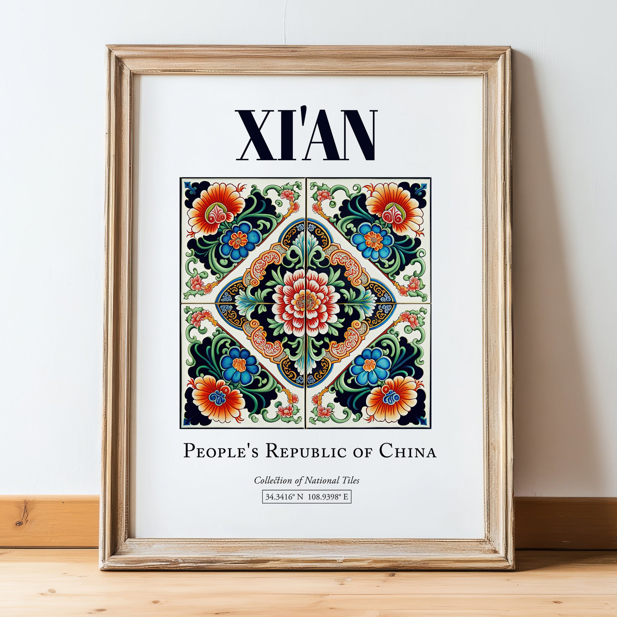 Xi'an, China – Travel Poster, in wooden frame leaning on the floor