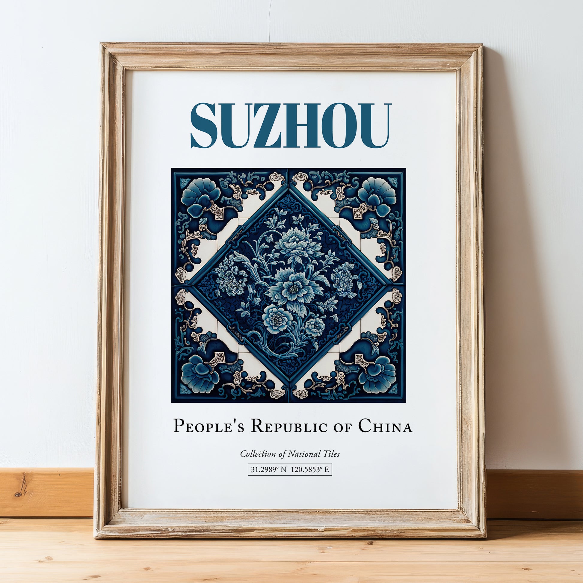 Suzhou, China – Travel Poster, in wooden frame leaning on the floor