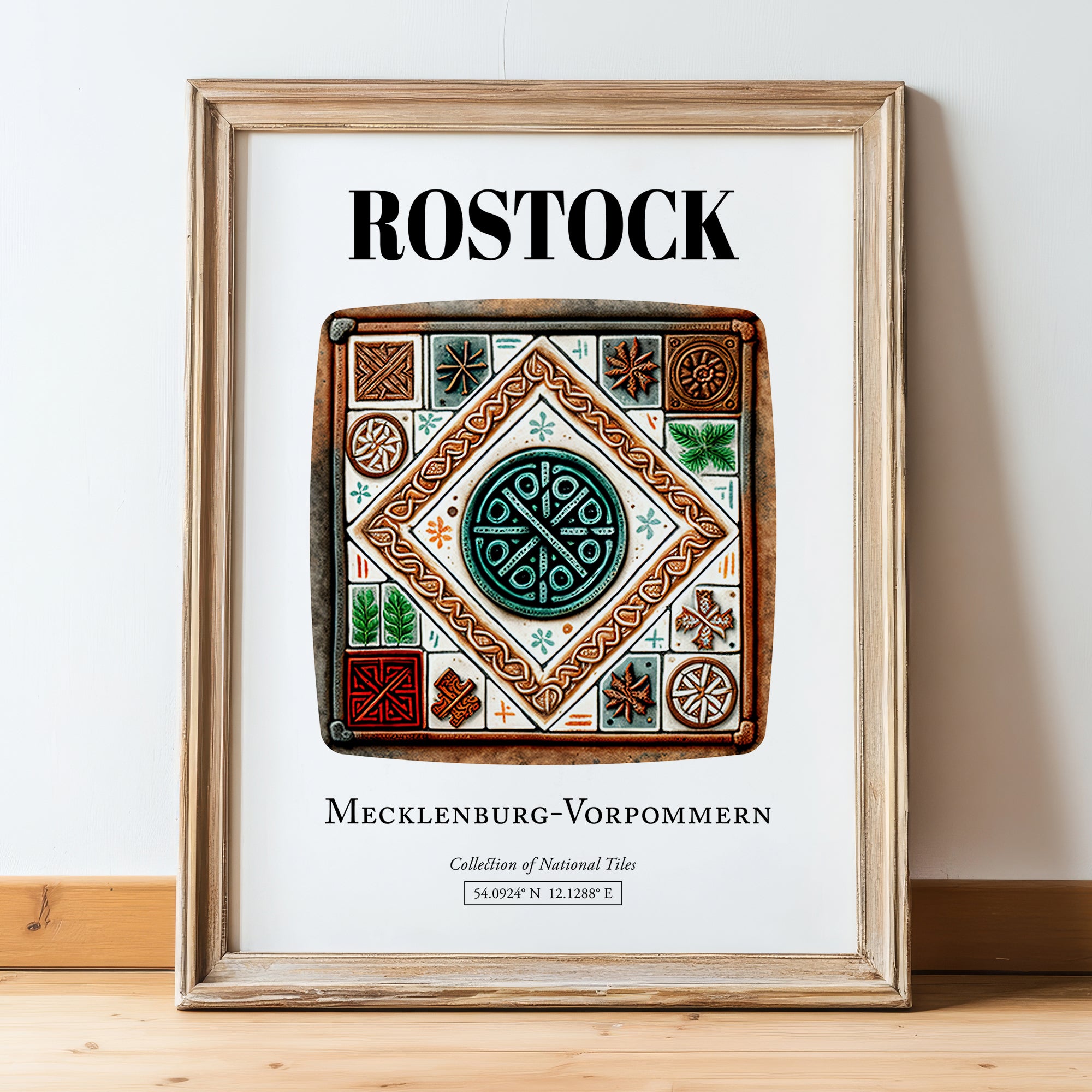 Rostock, Germany – Travel Poster, in wooden frame leaning on the floor