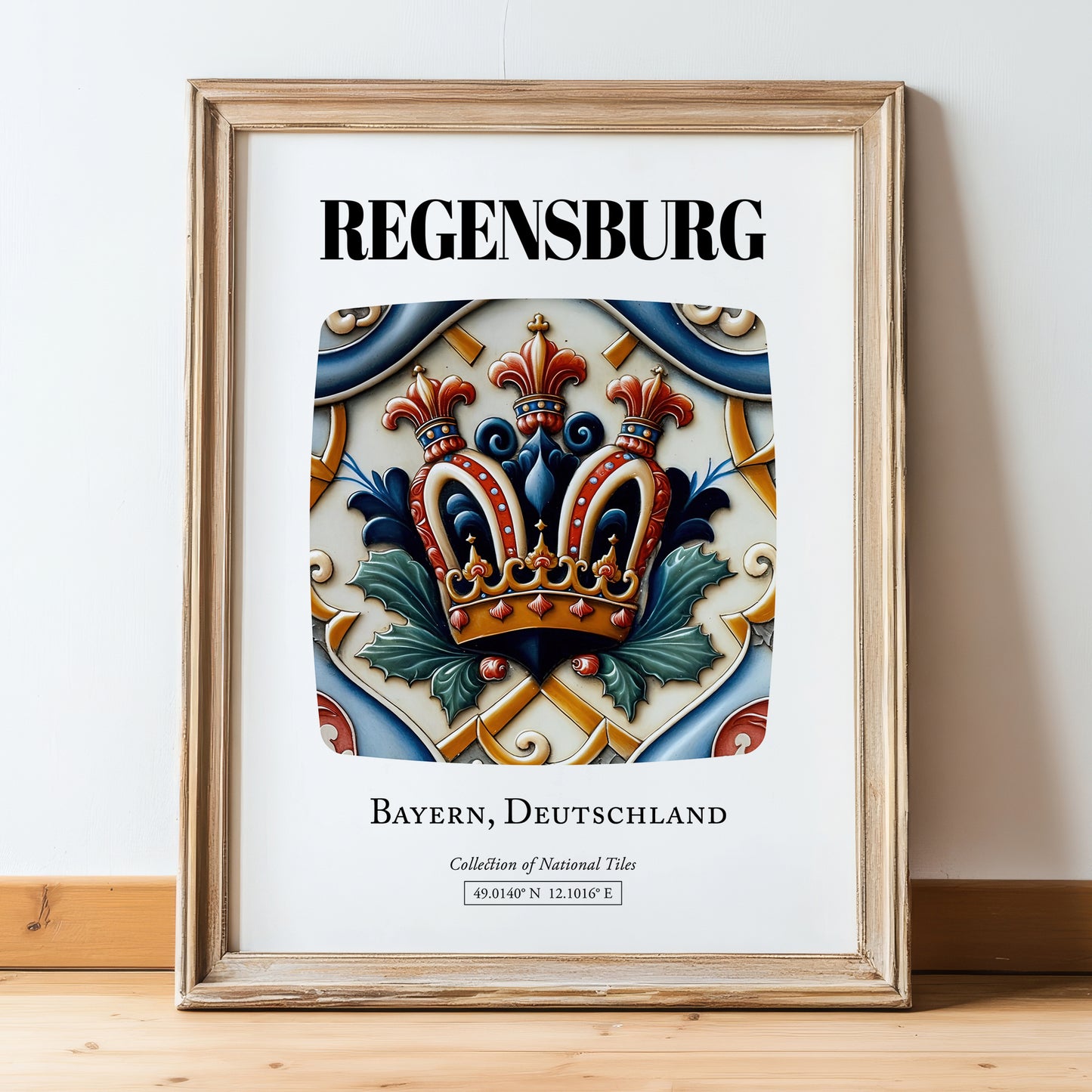 Regensburg, Germany – Travel Wall Art, in wooden frame leaning on the floor