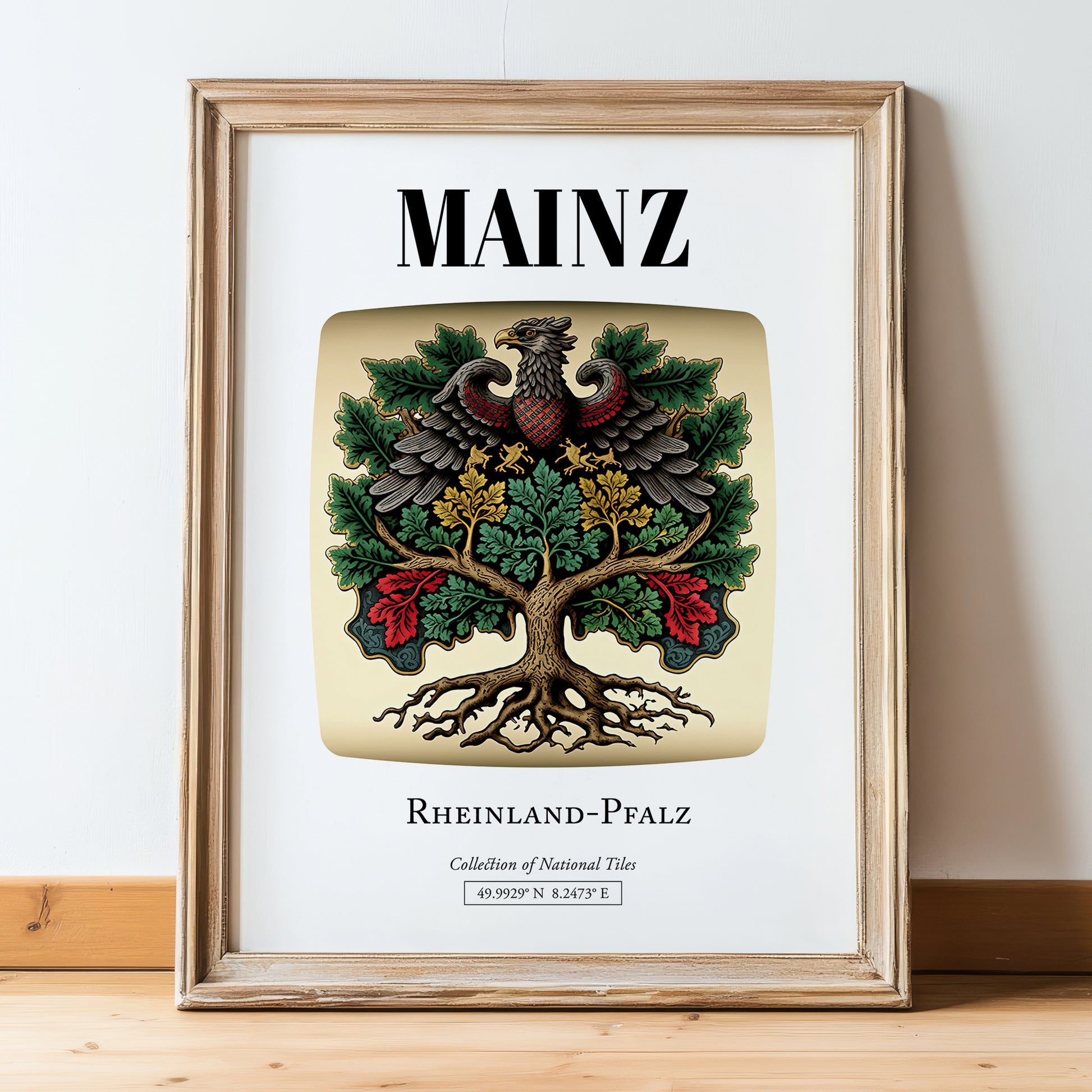 Mainz, Germany – Historic Cities Art Print, in wooden frame leaning on the floor
