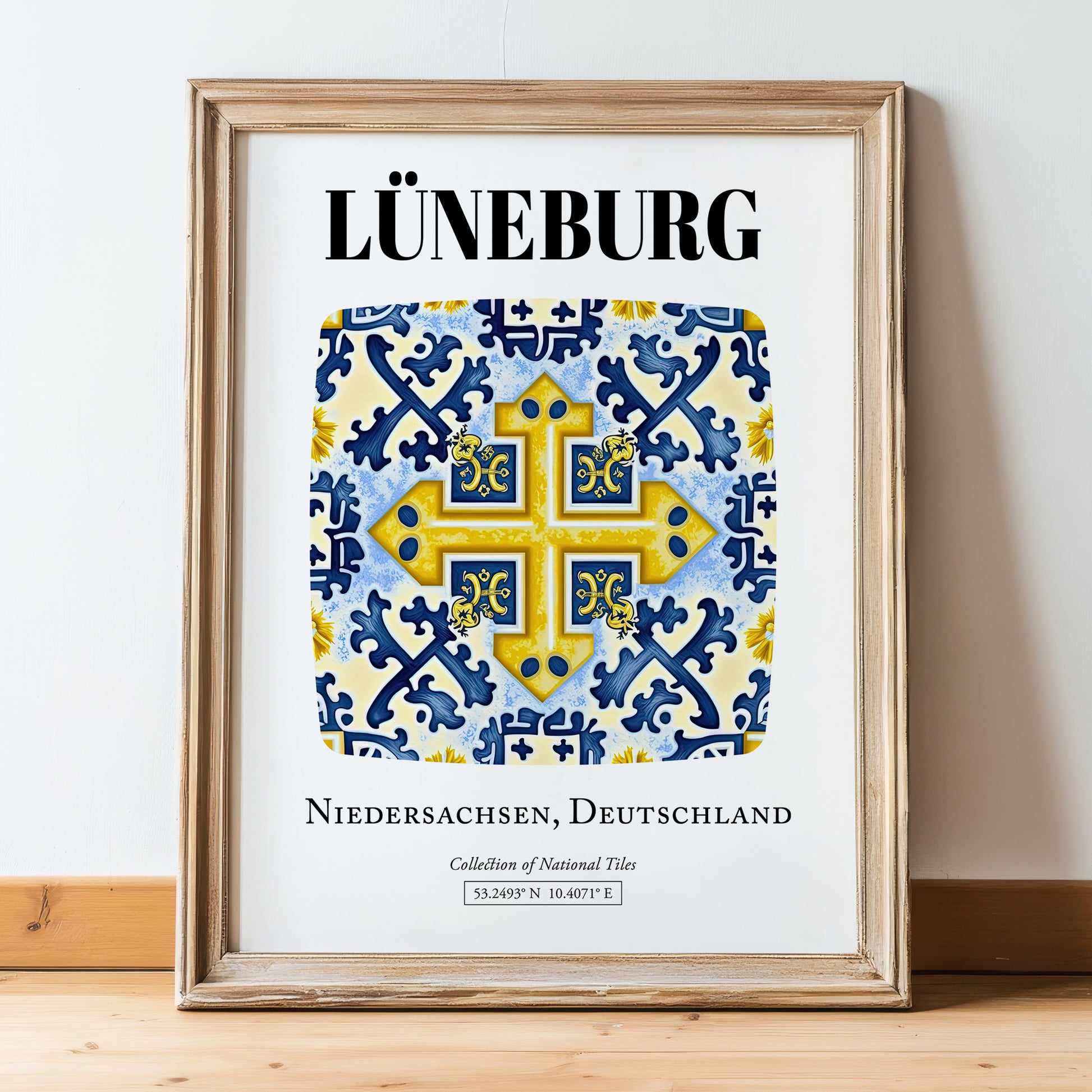 Lüneburg, Germany – Travel Poster, in wooden frame leaning on the floor