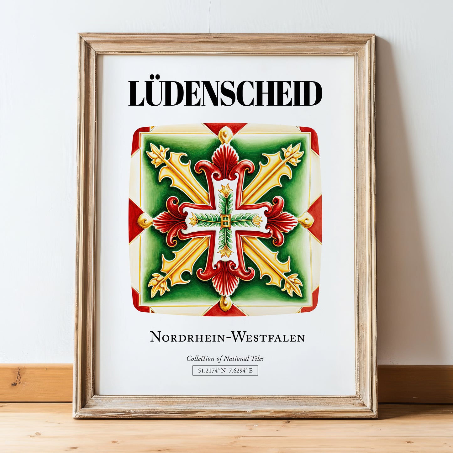 Lüdenscheid, Germany – Travel Poster, in wooden frame leaning on the floor