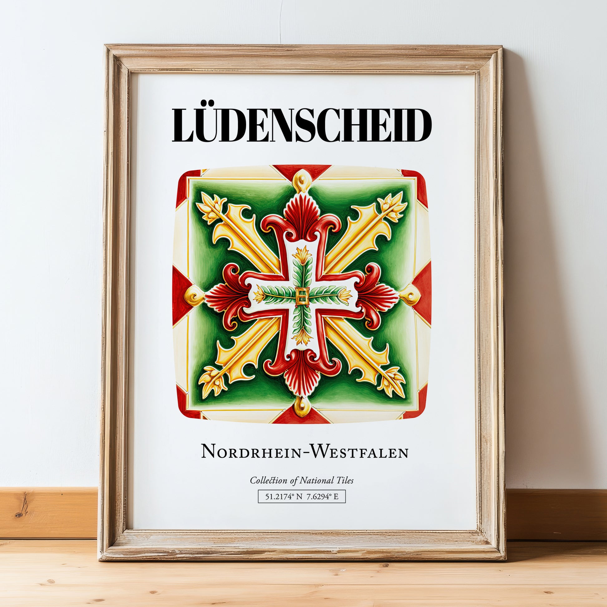 Lüdenscheid, Germany – Travel Poster, in wooden frame leaning on the floor