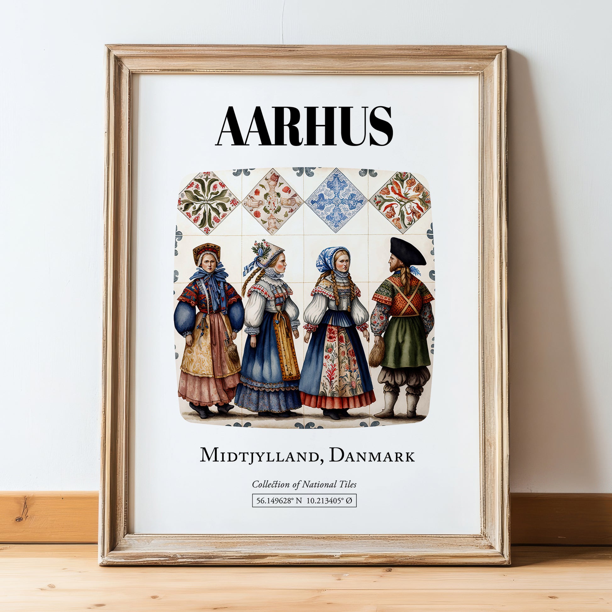 Aarhus, Denmark – Minimalist Travel Print, in wooden frame leaning on the floor