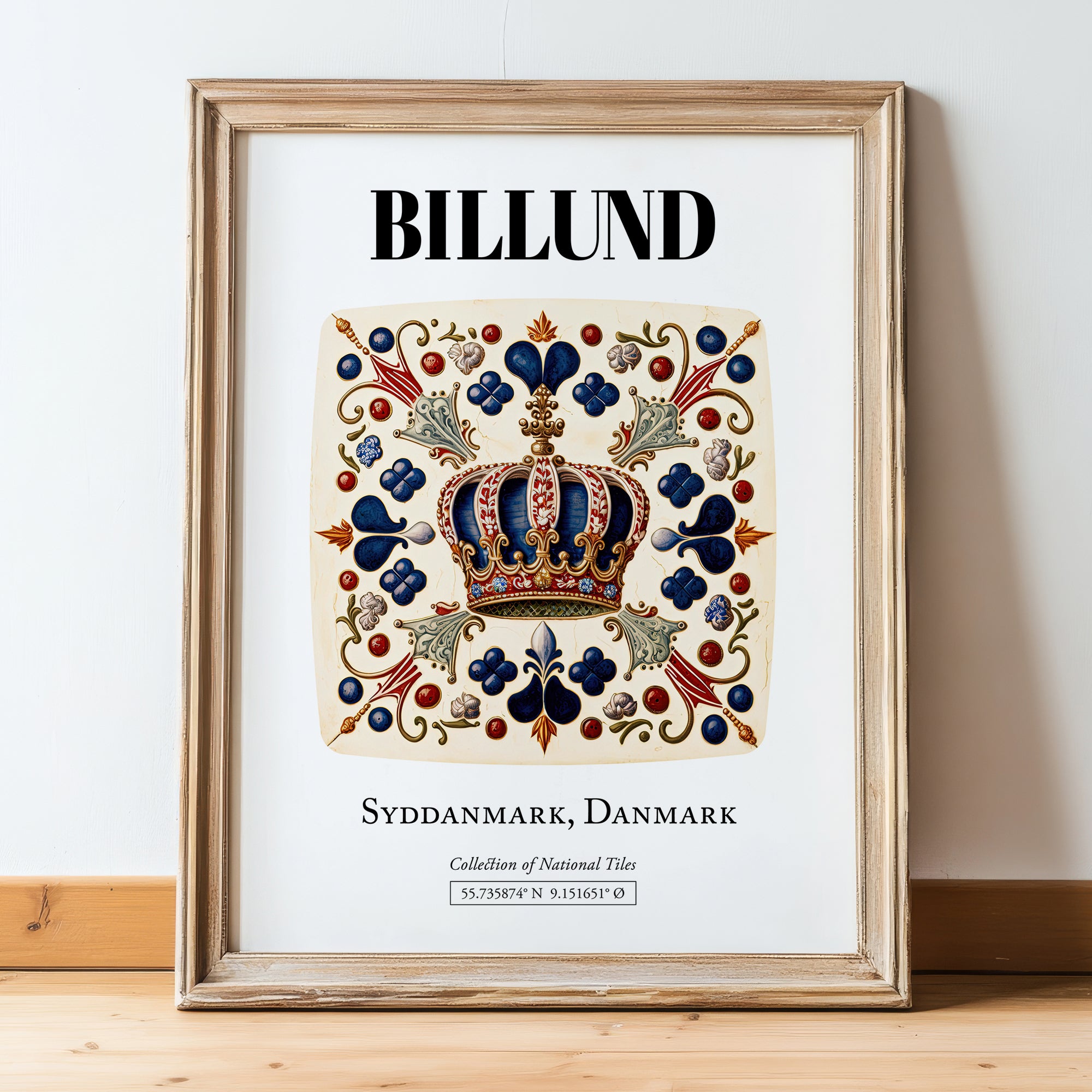 Billund, Denmark – Travel Destination Art, in wooden frame leaning on the floor