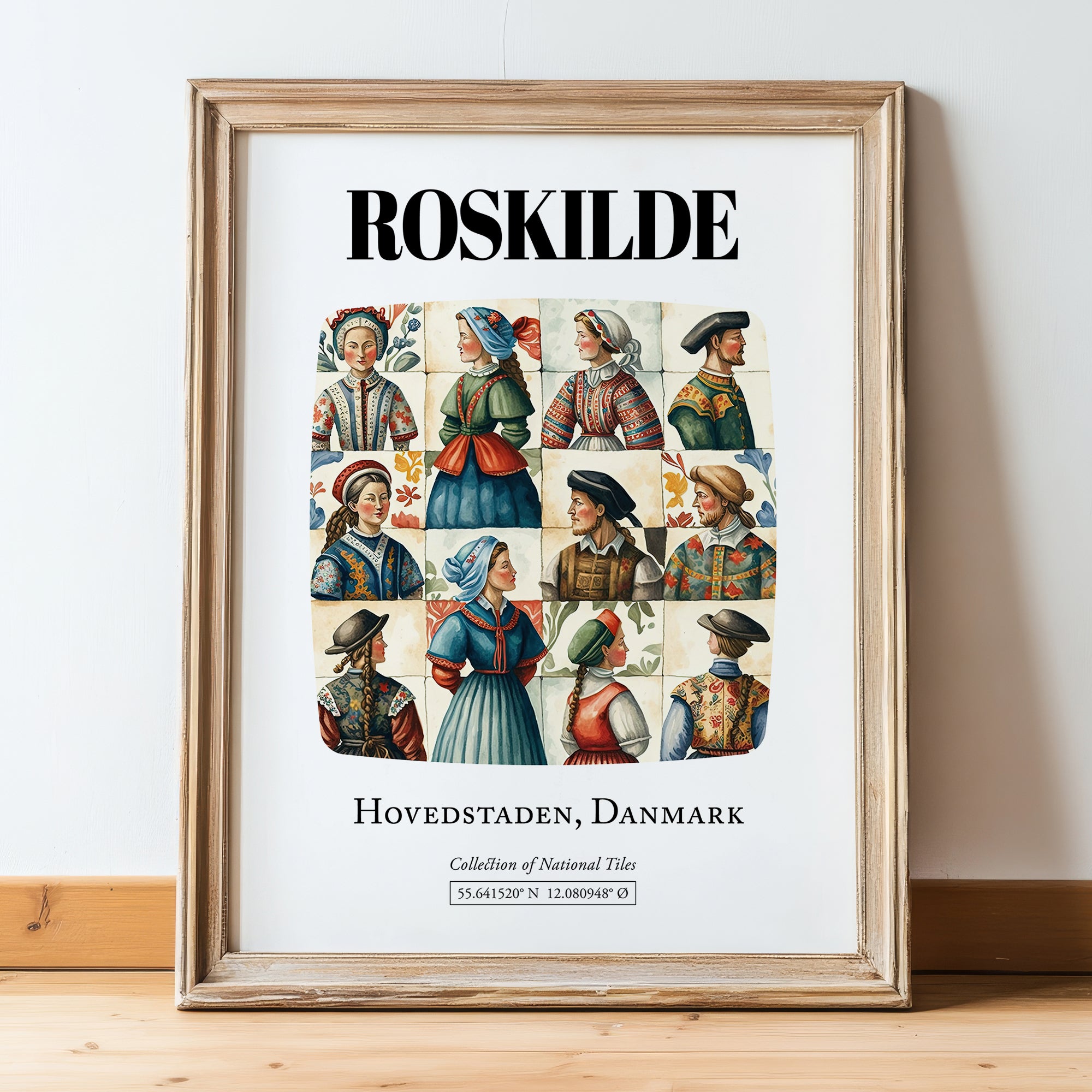 Roskilde, Denmark – Travel Poster, in wooden frame leaning on the floor