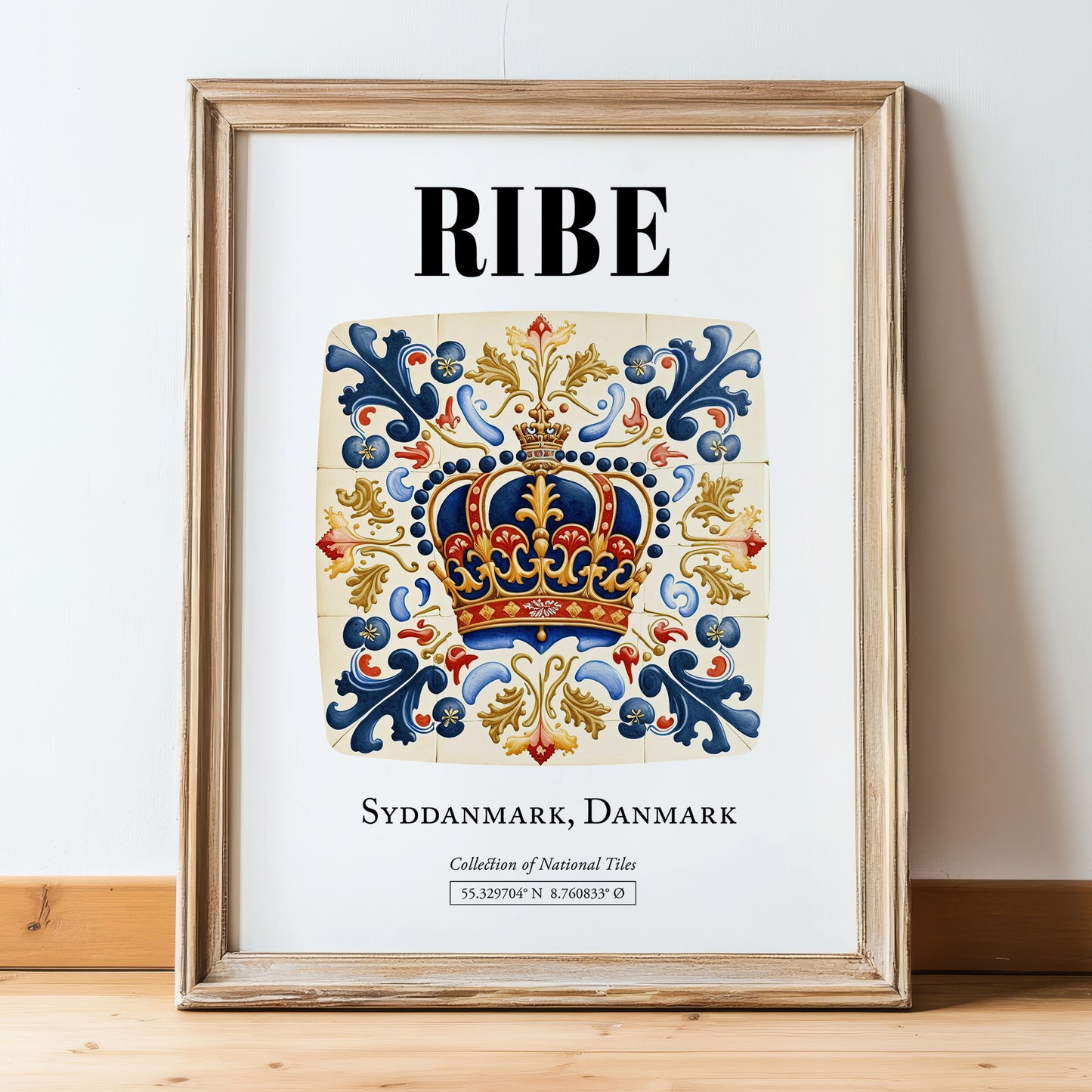 Ribe, Denmark – Travel Poster, in wooden frame leaning on the floor