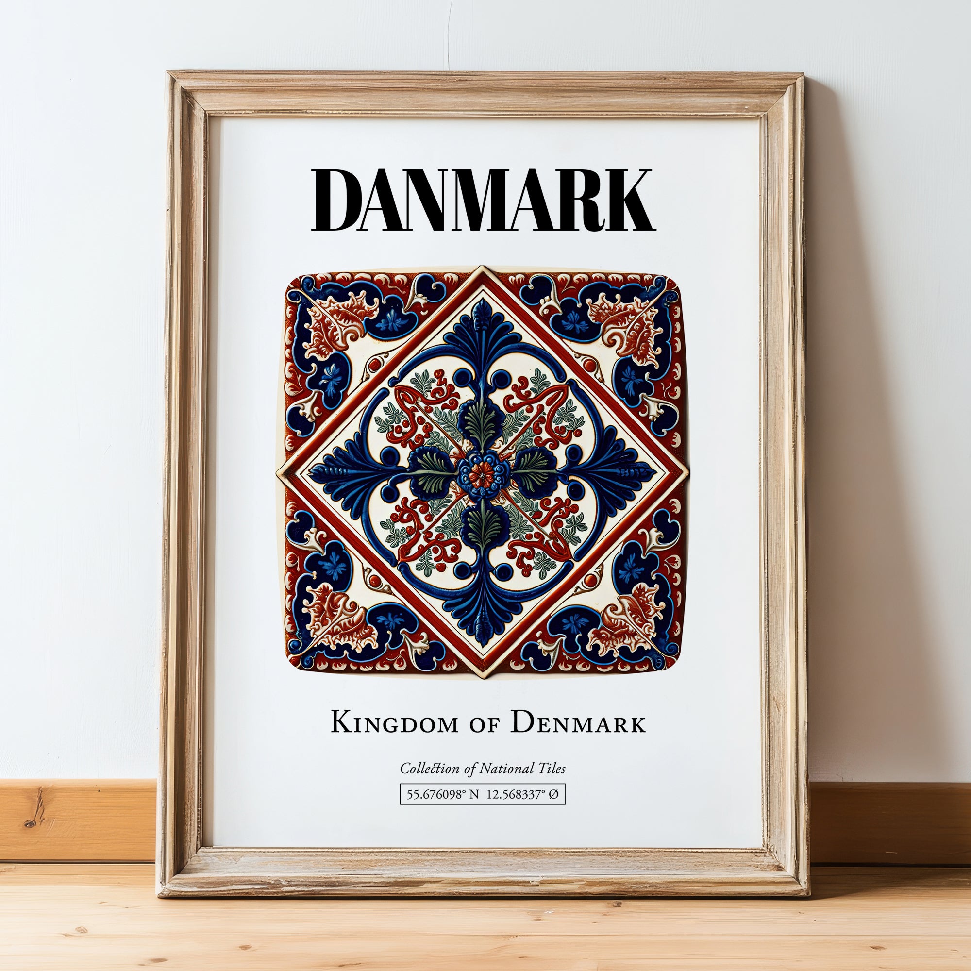 Danmark, Denmark – World Heritage Travel Poster, in wooden frame leaning on the floor