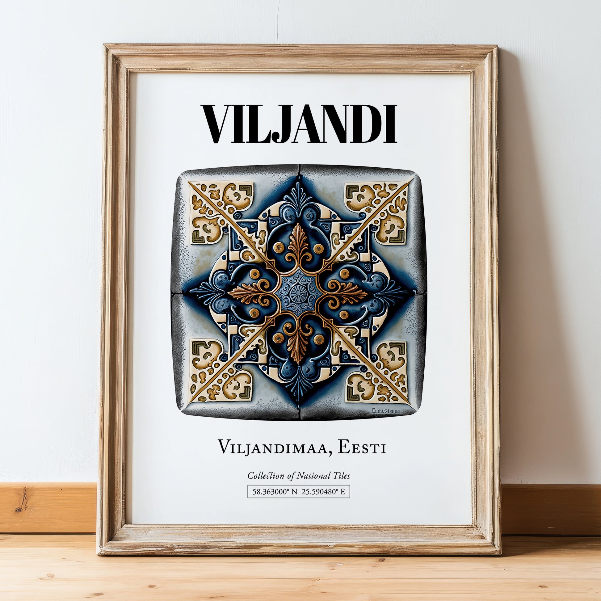 Viljandi, Estonia – Architectural Travel Art, in wooden frame leaning on the floor