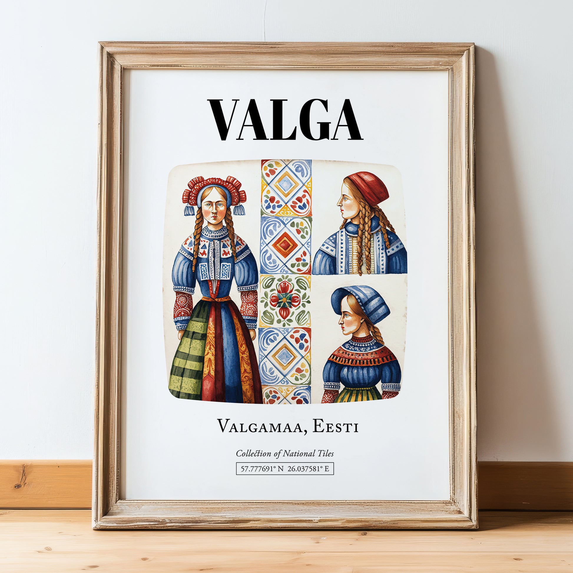 Valga, Estonia – National Pride Wall Decor, in wooden frame leaning on the floor