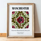 Manchester, England – Illustrated Travel Poster, in wooden frame leaning on the floor