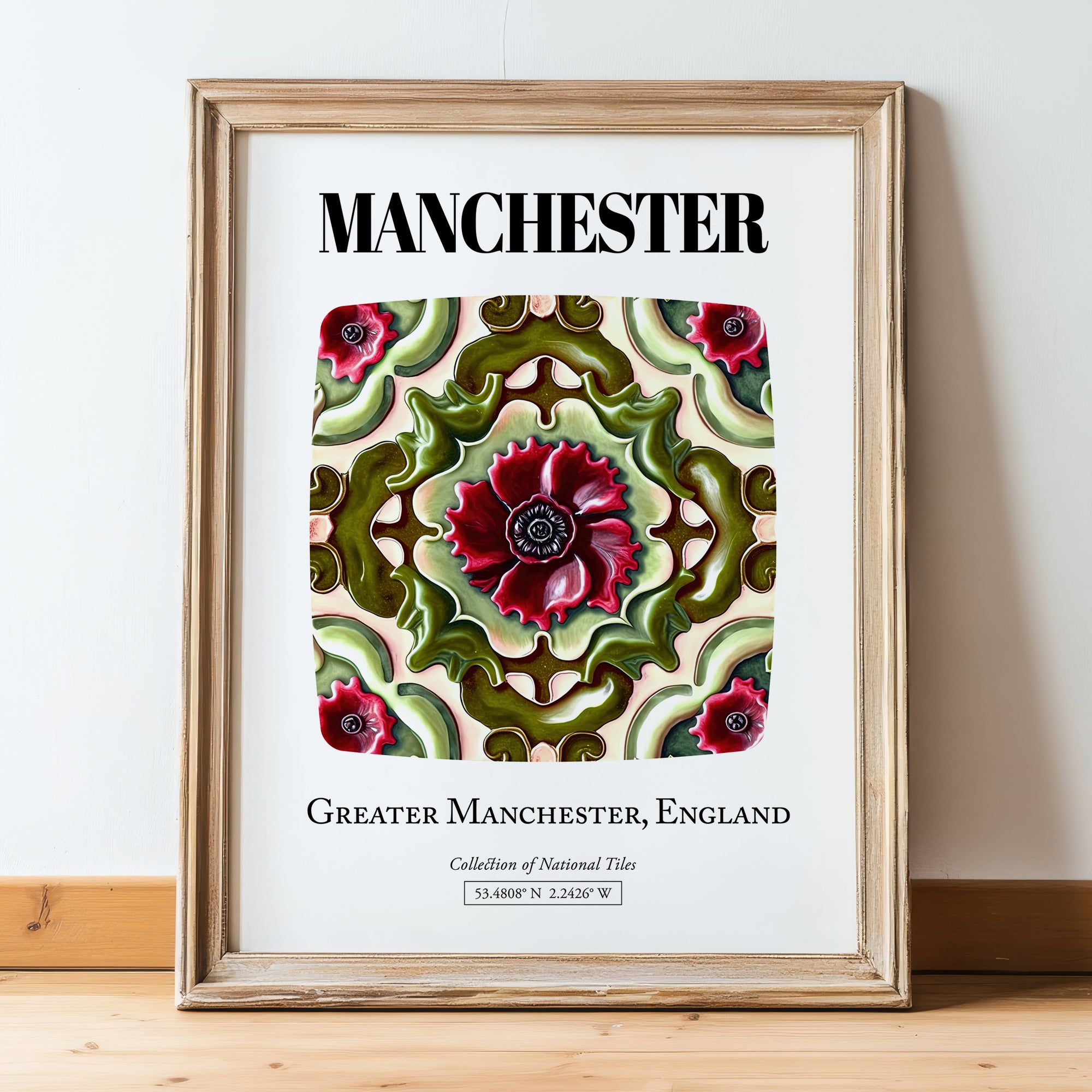 Manchester, England – Illustrated Travel Poster, in wooden frame leaning on the floor