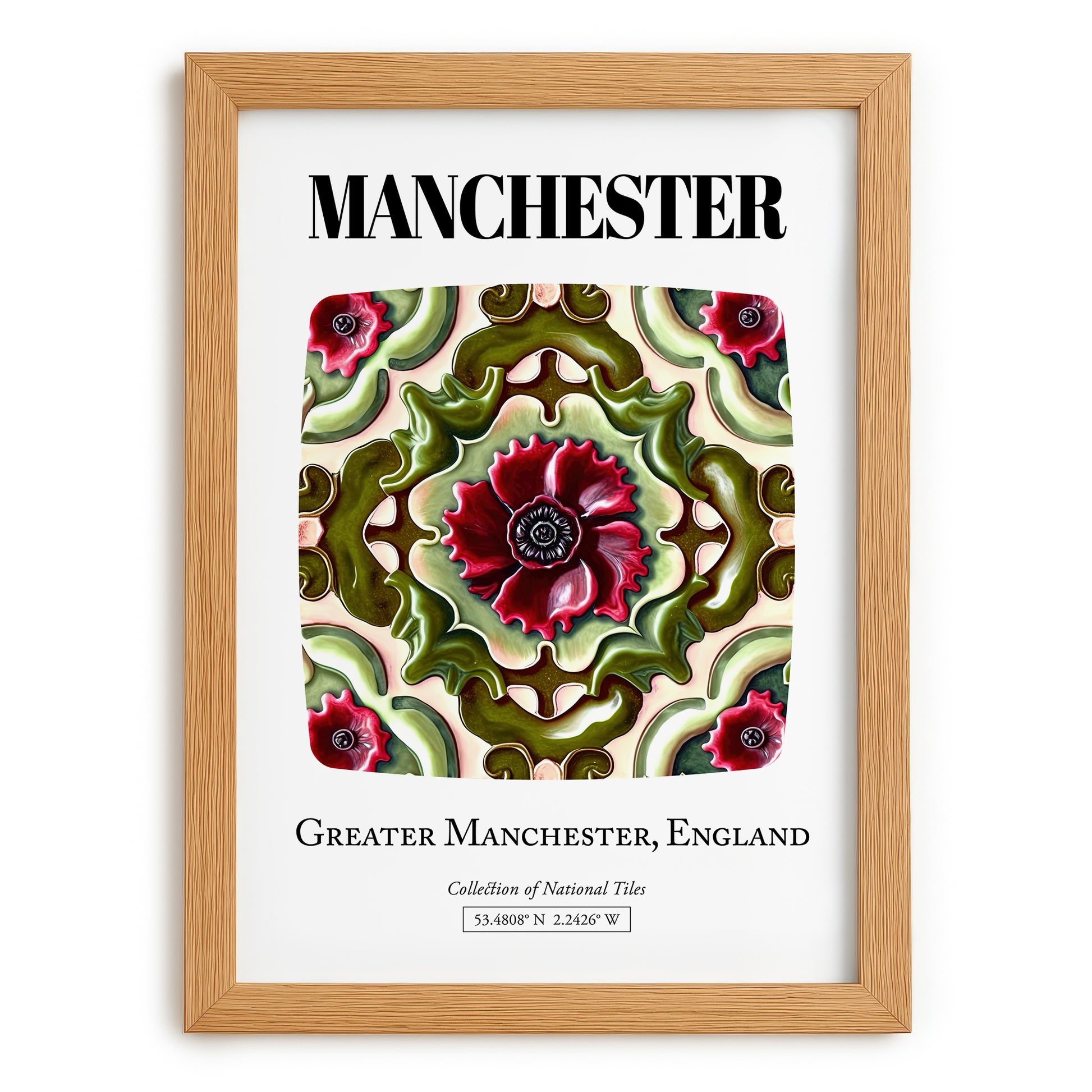 Manchester, England – Illustrated Travel Poster, set in oak frame