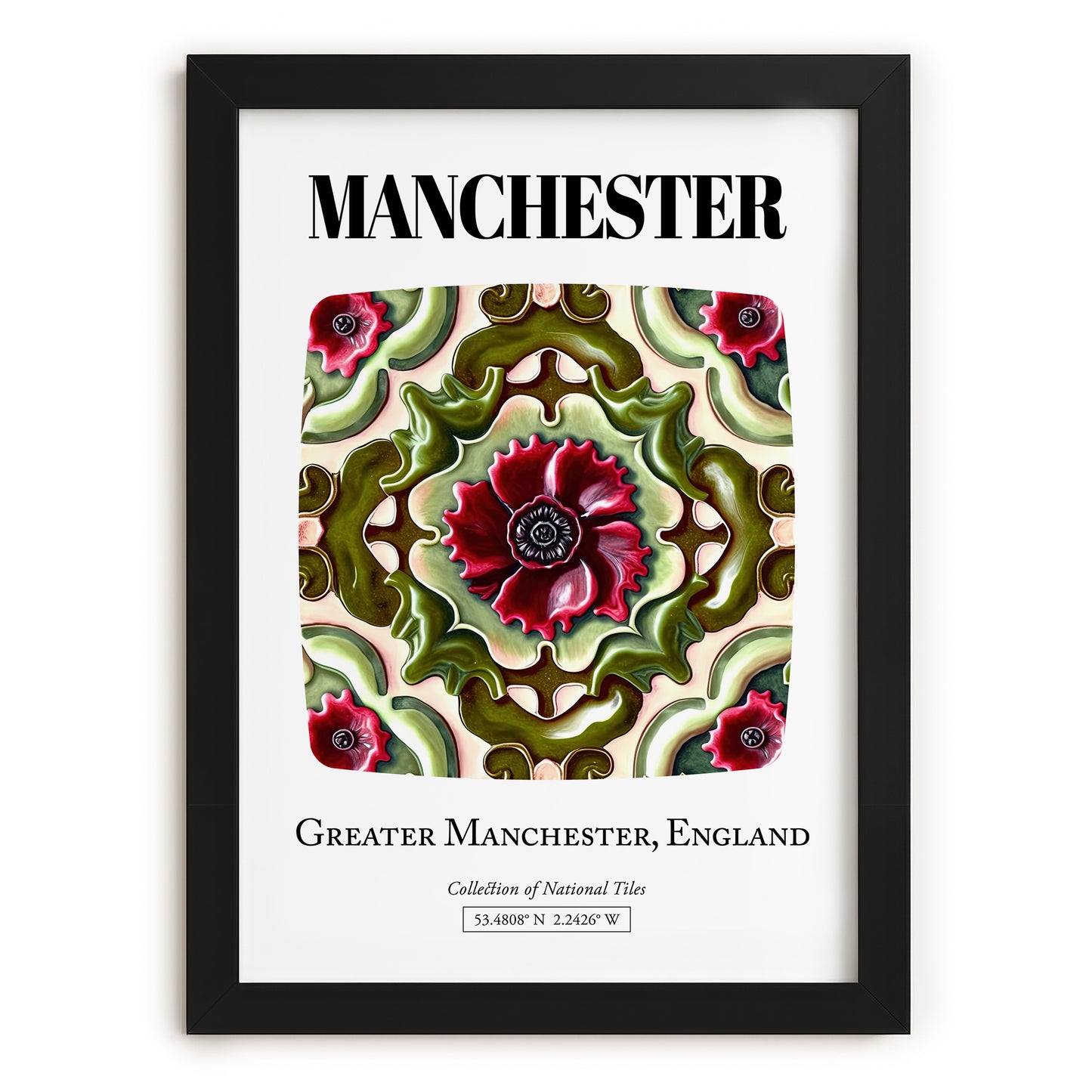 Manchester, England – Illustrated Travel Poster, in sleek black frame