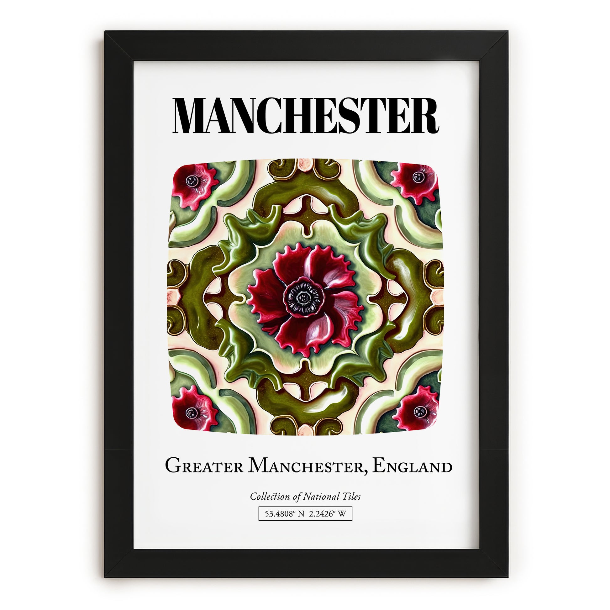 Manchester, England – Illustrated Travel Poster, in sleek black frame
