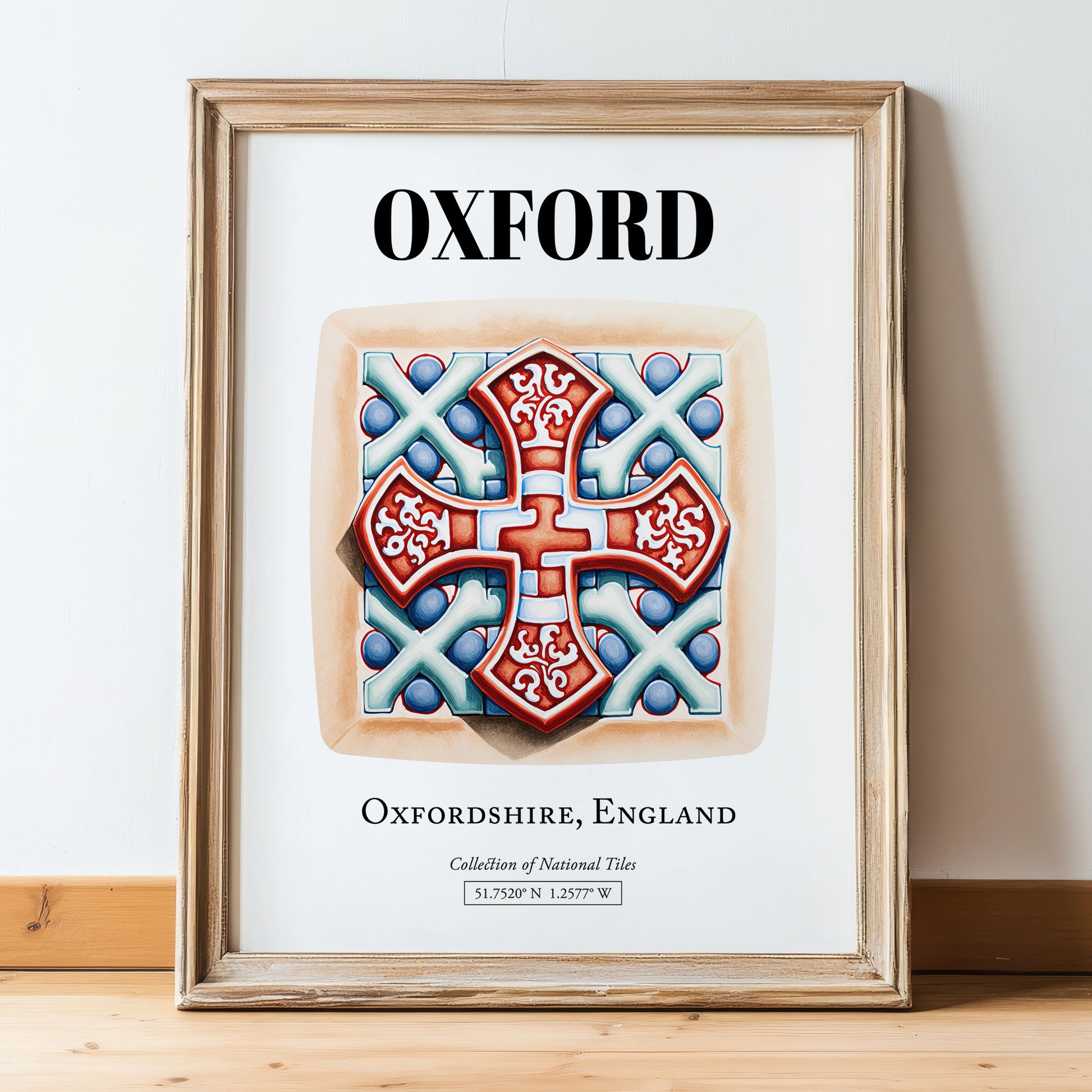 Oxford, England – Travel Poster, in wooden frame leaning on the floor