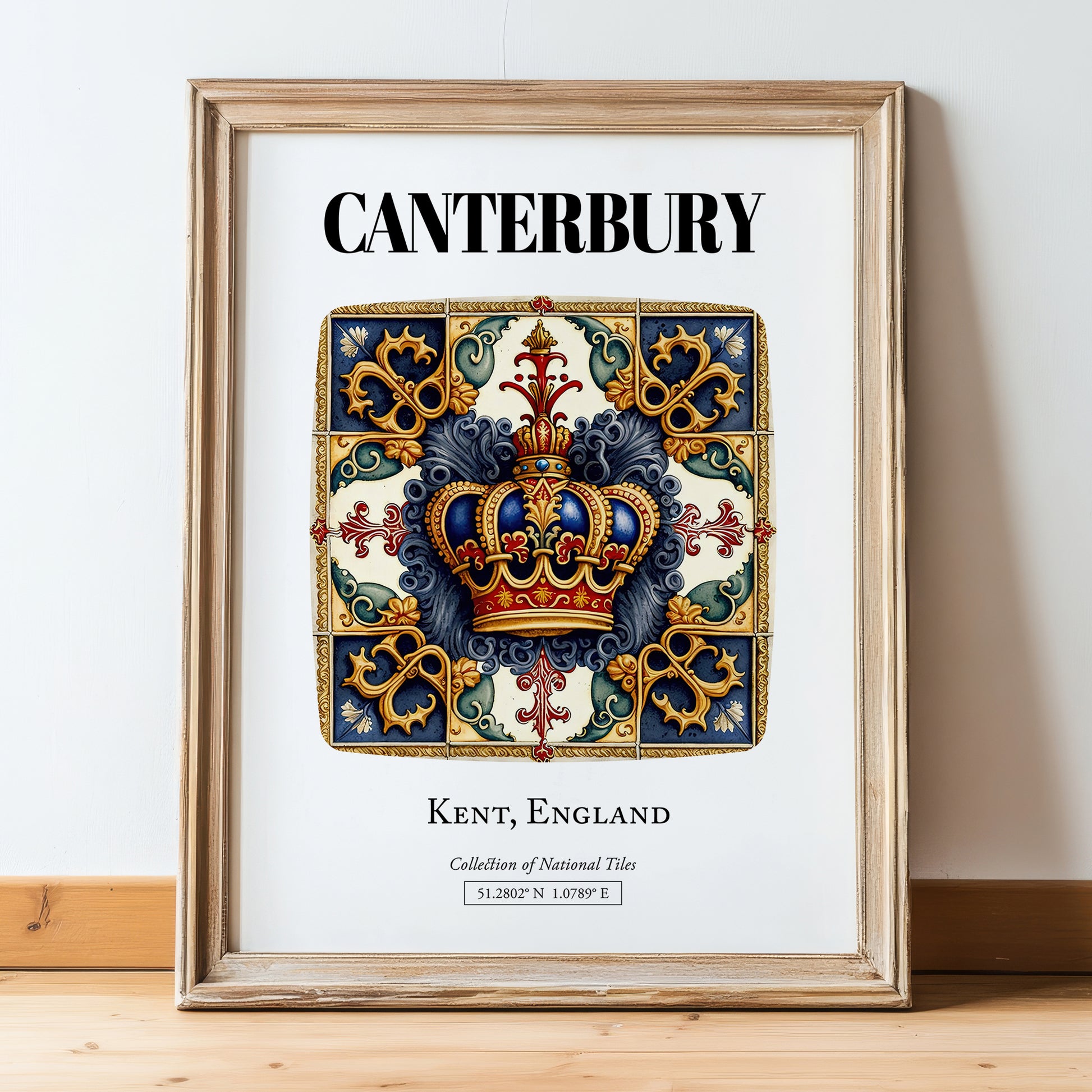 Canterbury, England – Travel Poster, in wooden frame leaning on the floor