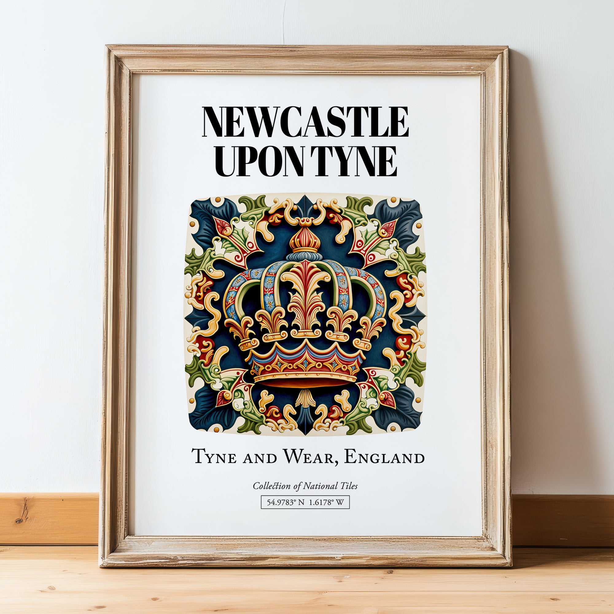 Newcastle Upon Tyne, England – Travel Print, in wooden frame leaning on the floor