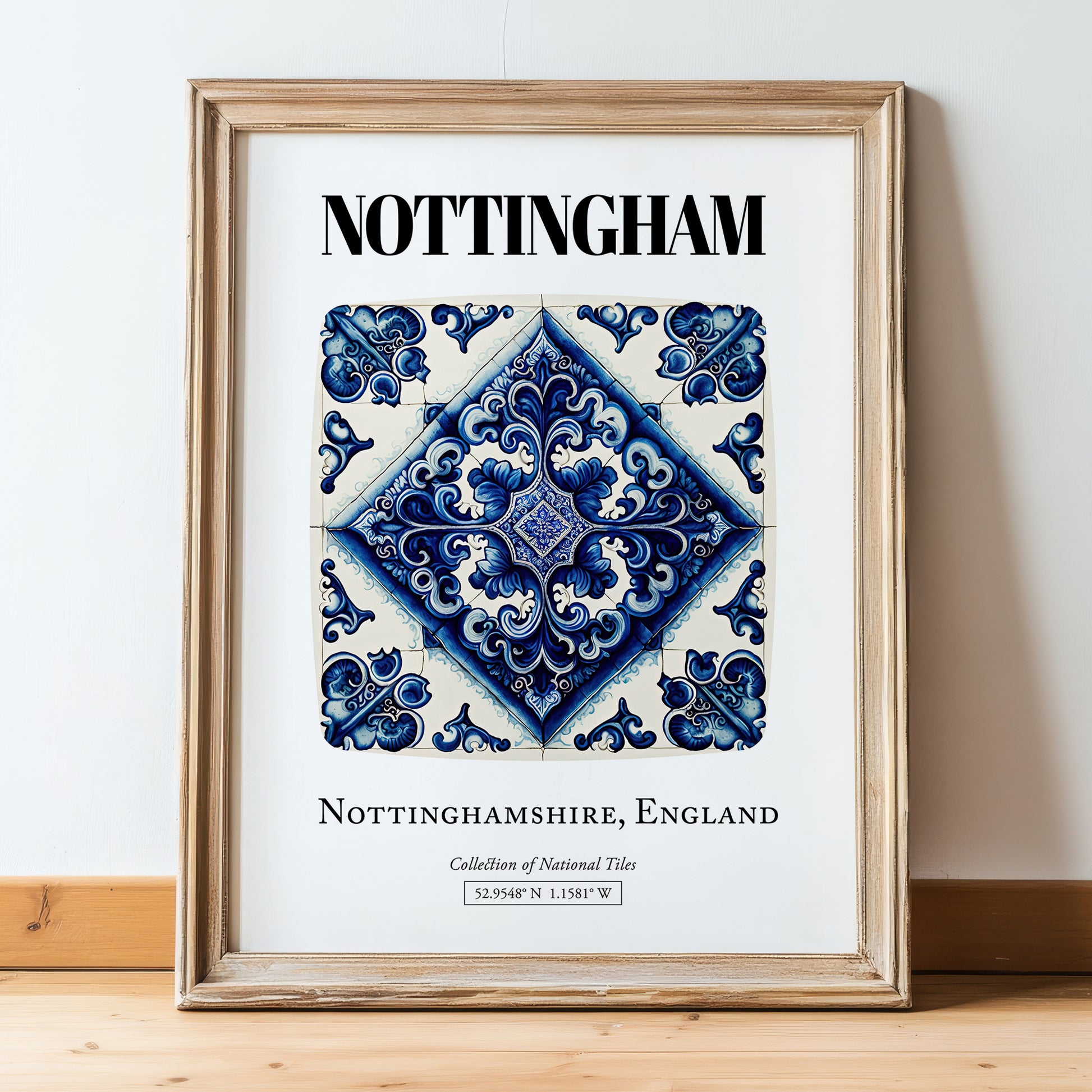 Nottingham, England – Travel Print, in wooden frame leaning on the floor