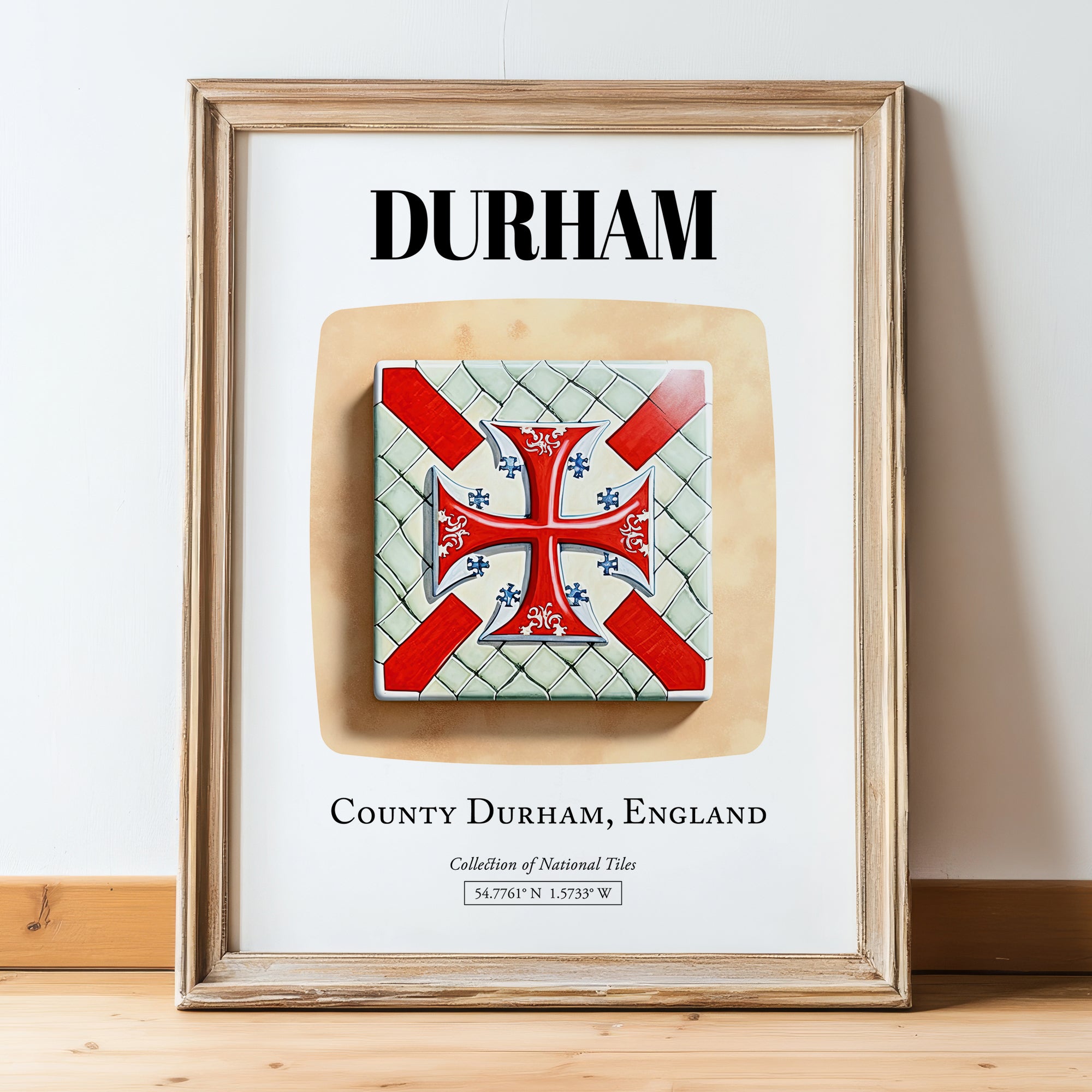Durham, England – Travel Poster, in wooden frame leaning on the floor