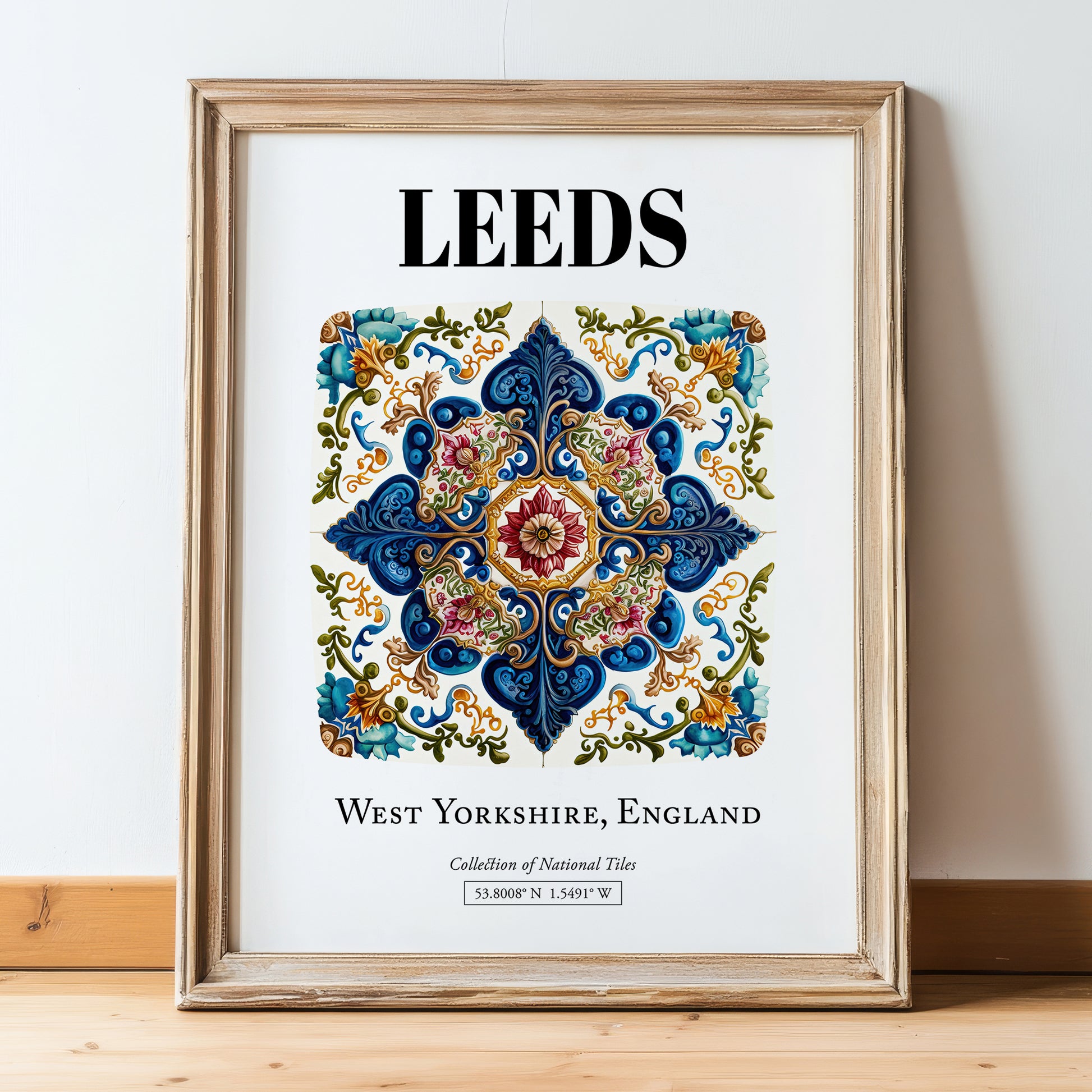 Leeds, England – Vintage Travel Poster, in wooden frame leaning on the floor
