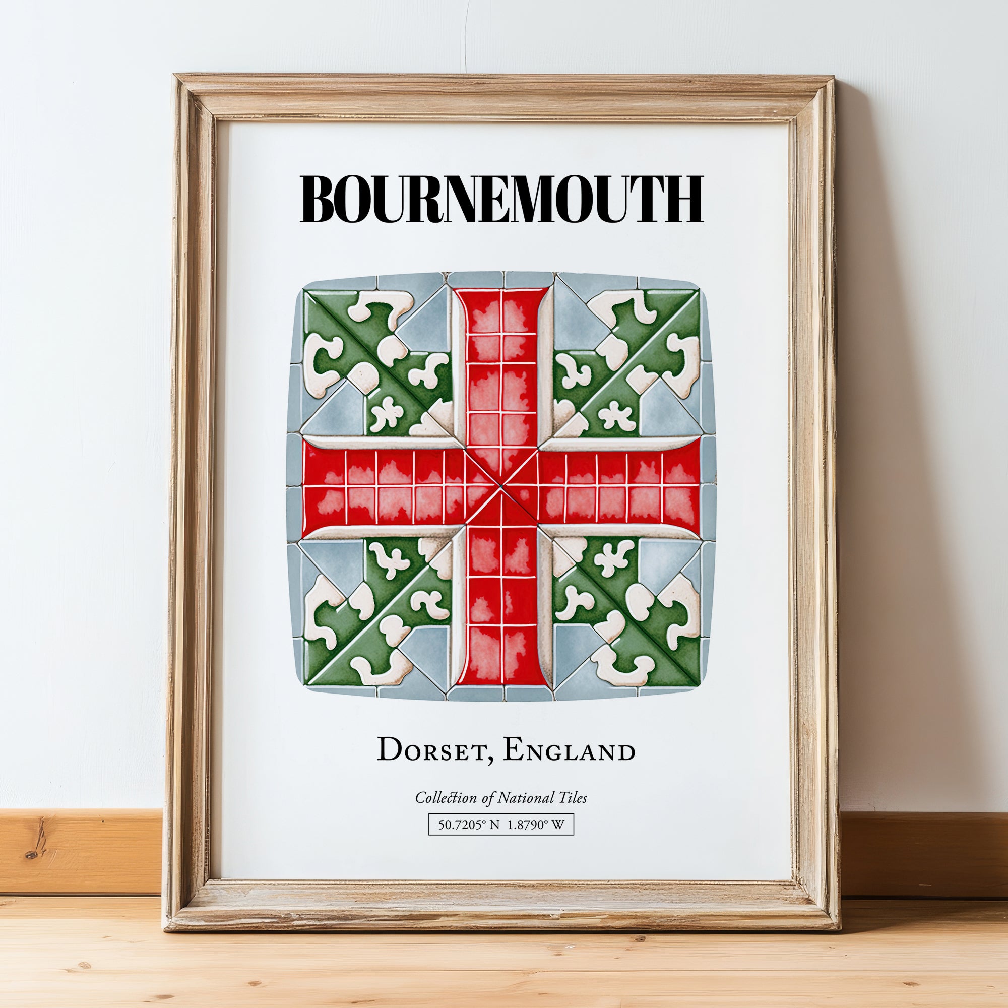 Bournemouth, England – Cityscape Wall Art, in wooden frame leaning on the floor