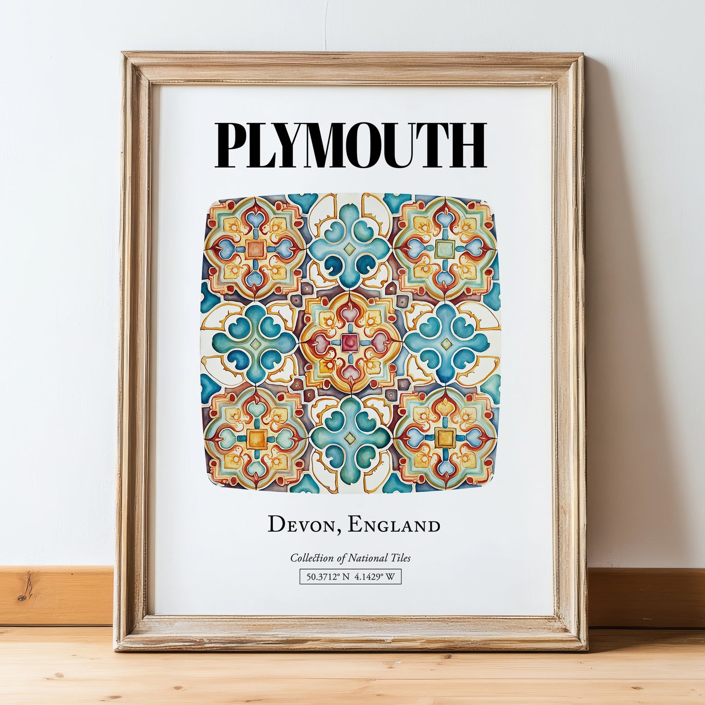 Plymouth, England – Travel Destination Art, in wooden frame leaning on the floor