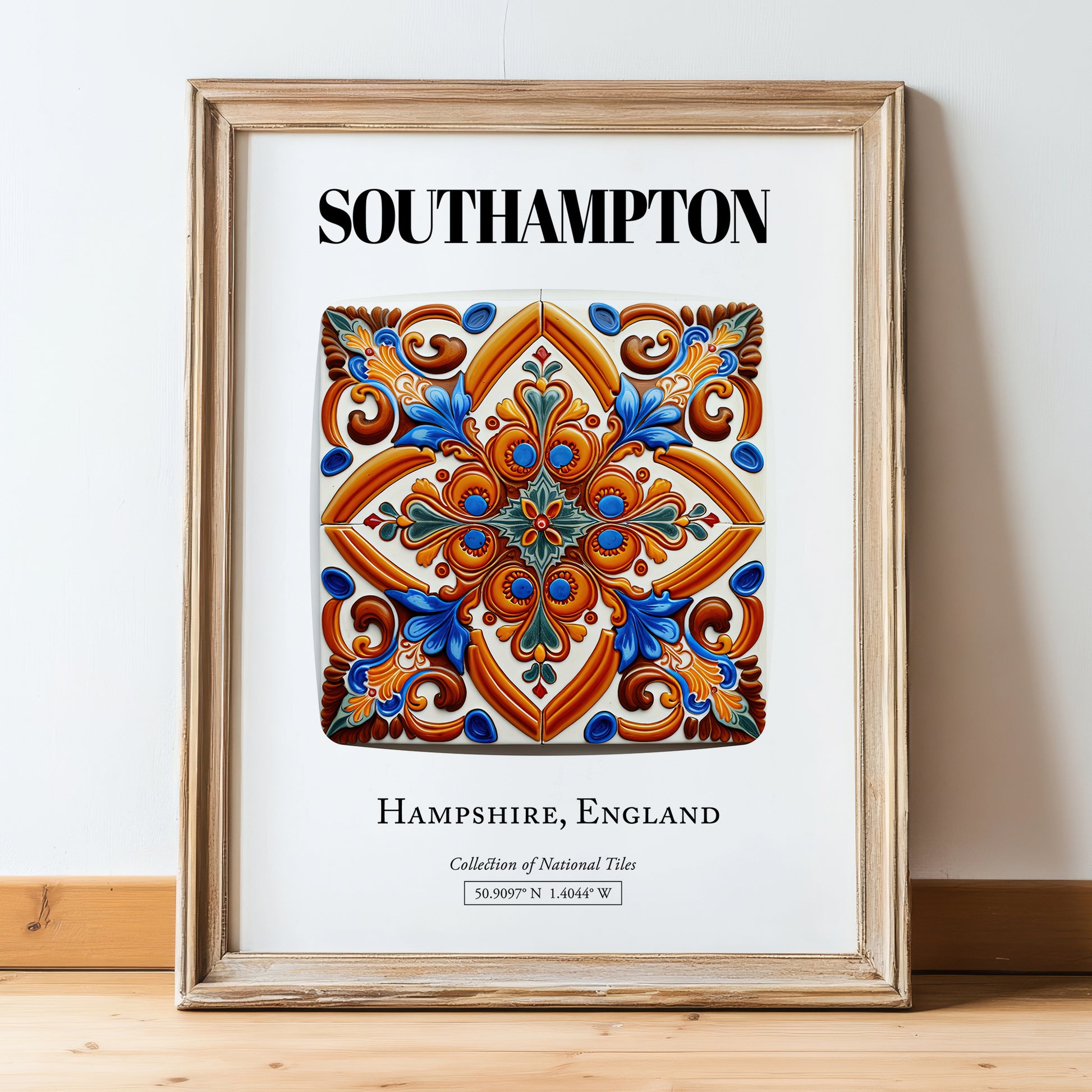 Southampton, England – Minimalist Travel Print, in wooden frame leaning on the floor