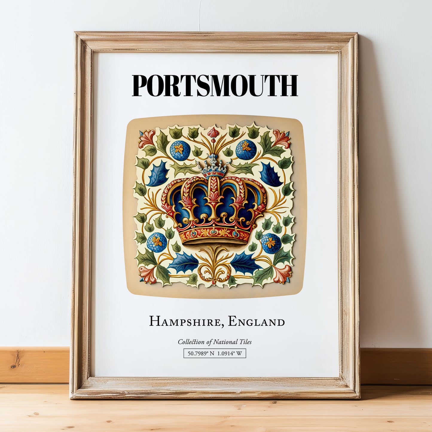 Portsmouth, England – Travel Poster, in wooden frame leaning on the floor