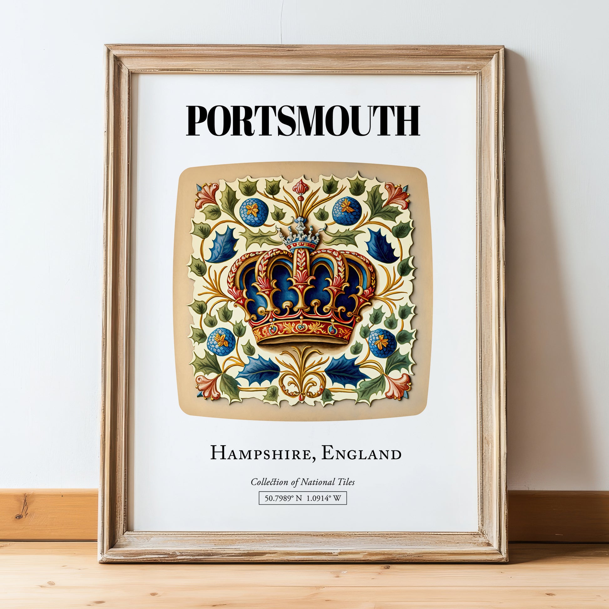Portsmouth, England – Travel Poster, in wooden frame leaning on the floor
