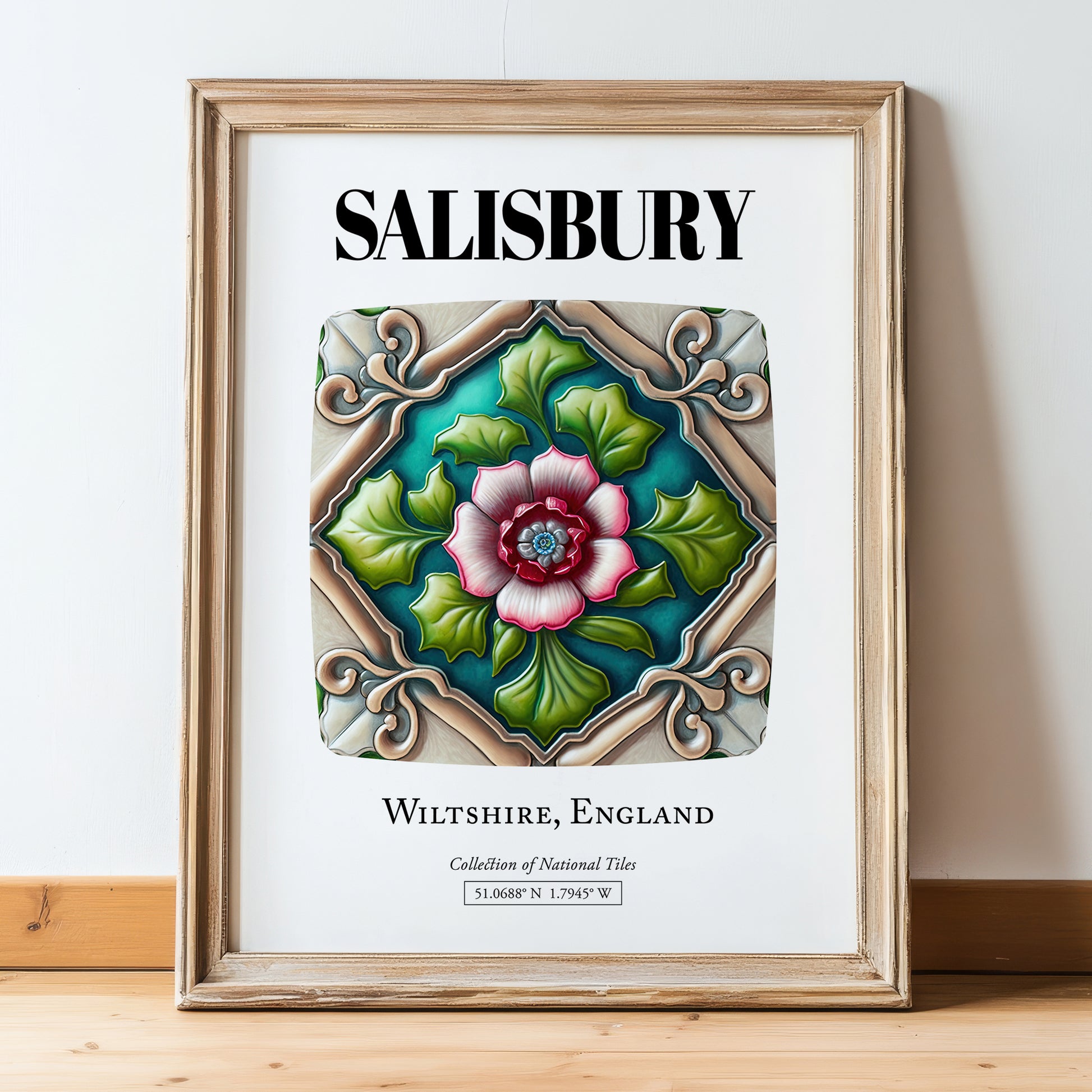 Salisbury, England – Travel Poster, in wooden frame leaning on the floor