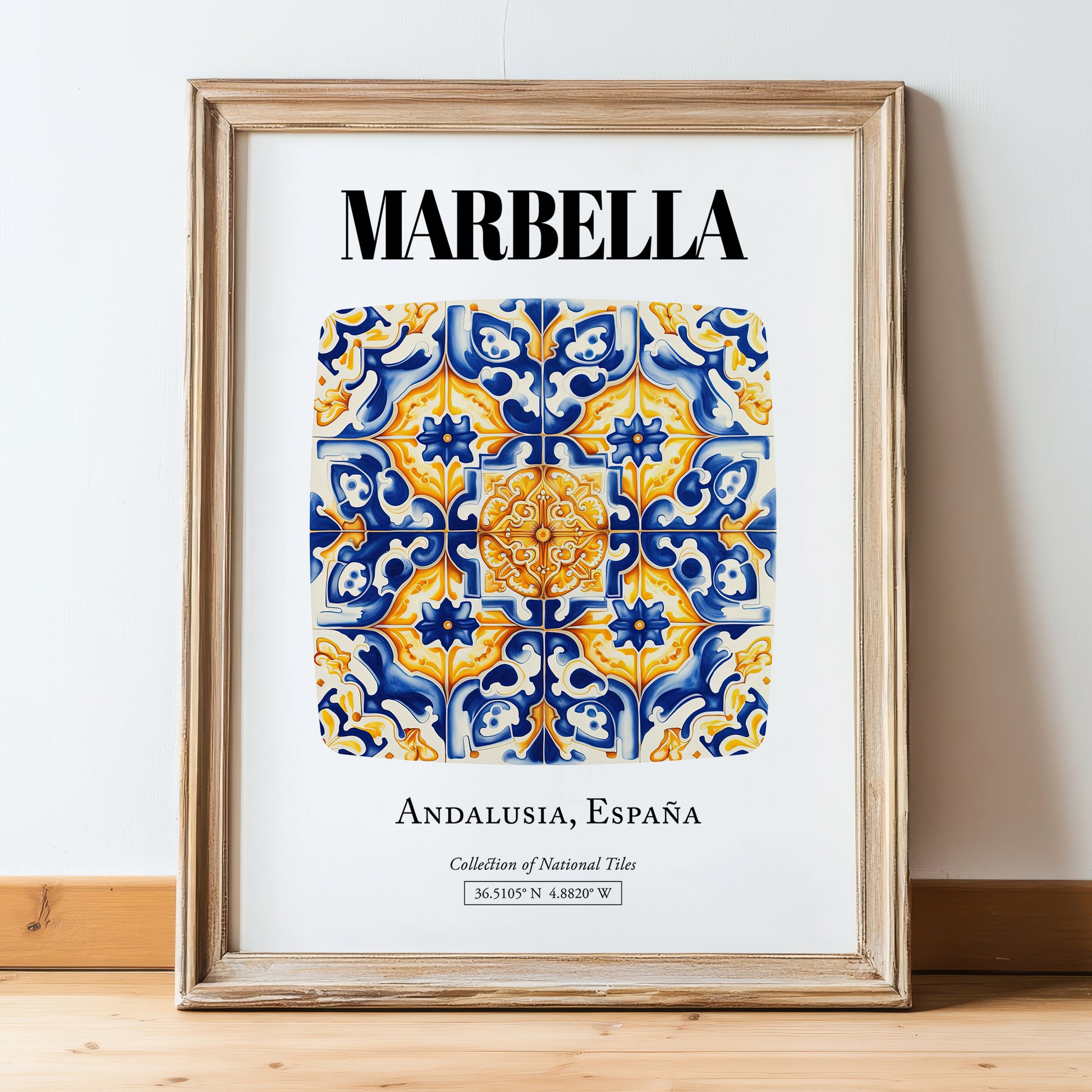 Marbella, Spain – Away From Home Poster, in wooden frame leaning on the floor