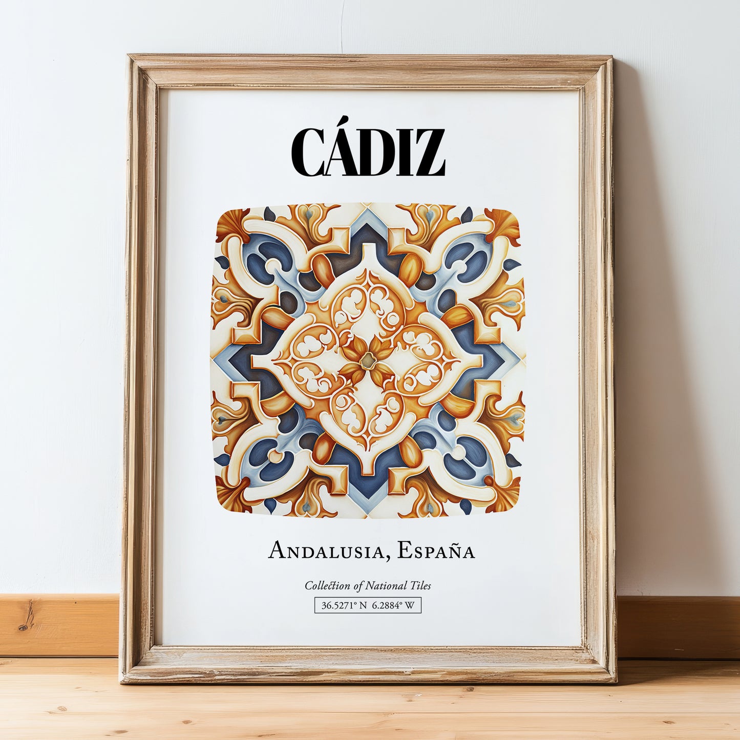 Cádiz, Spain – Travel Poster, in wooden frame leaning on the floor
