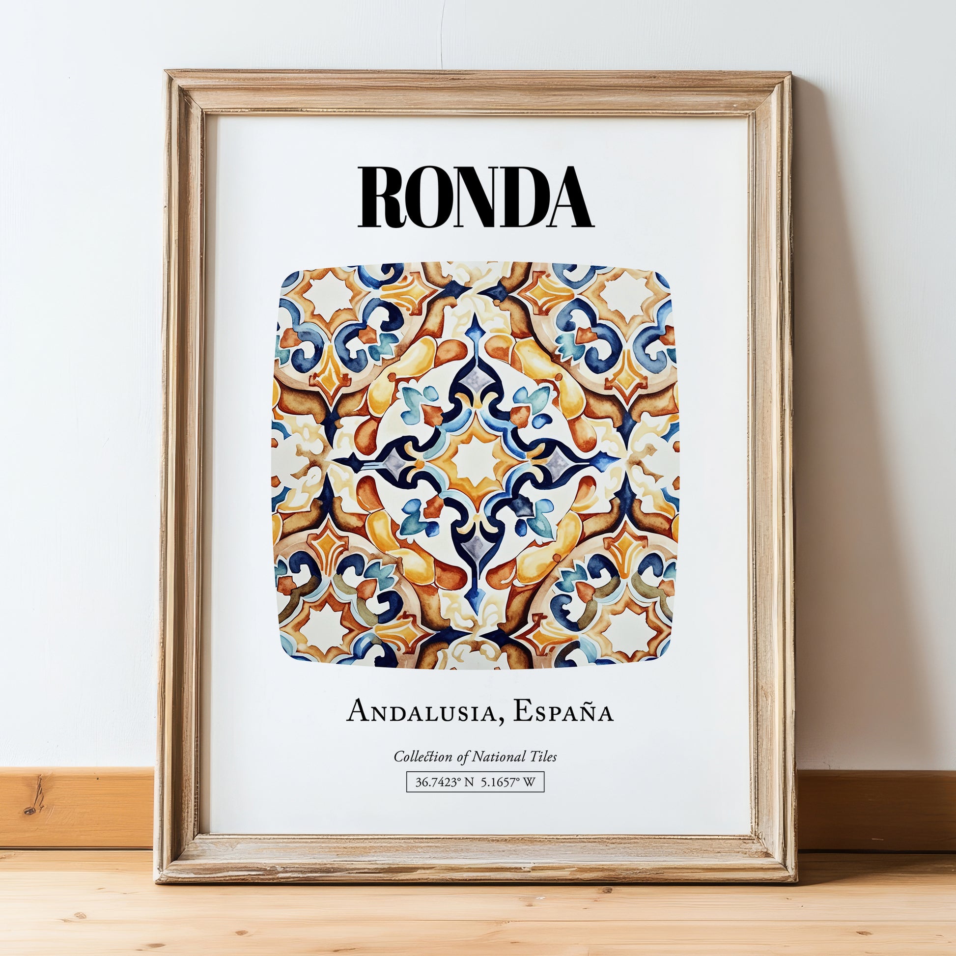 Ronda, Spain – World Heritage Travel Poster, in wooden frame leaning on the floor