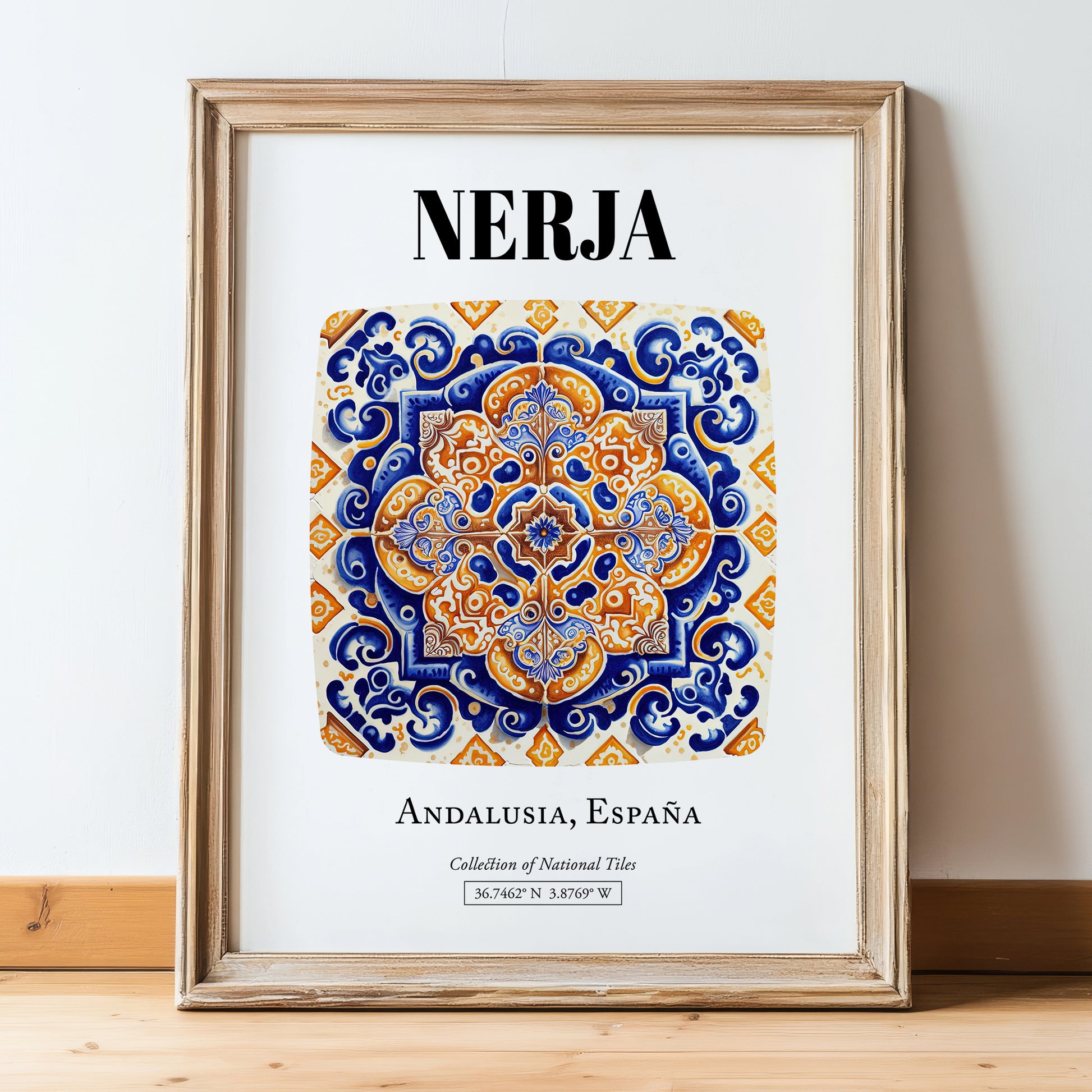 Nerja, Spain – Tourist Destination Poster, in wooden frame leaning on the floor