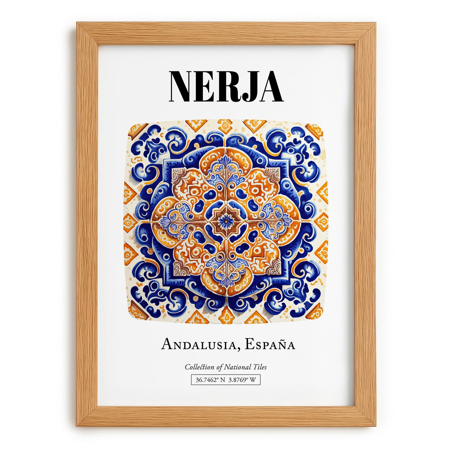 Nerja, Spain – Tourist Destination Poster, set in oak frame