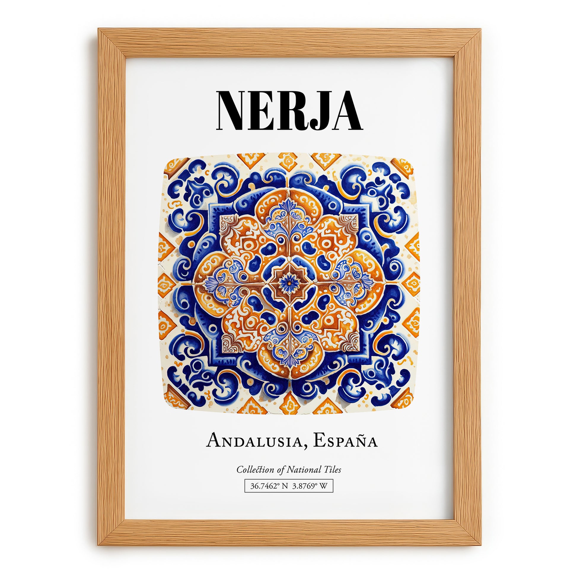 Nerja, Spain – Tourist Destination Poster, set in oak frame