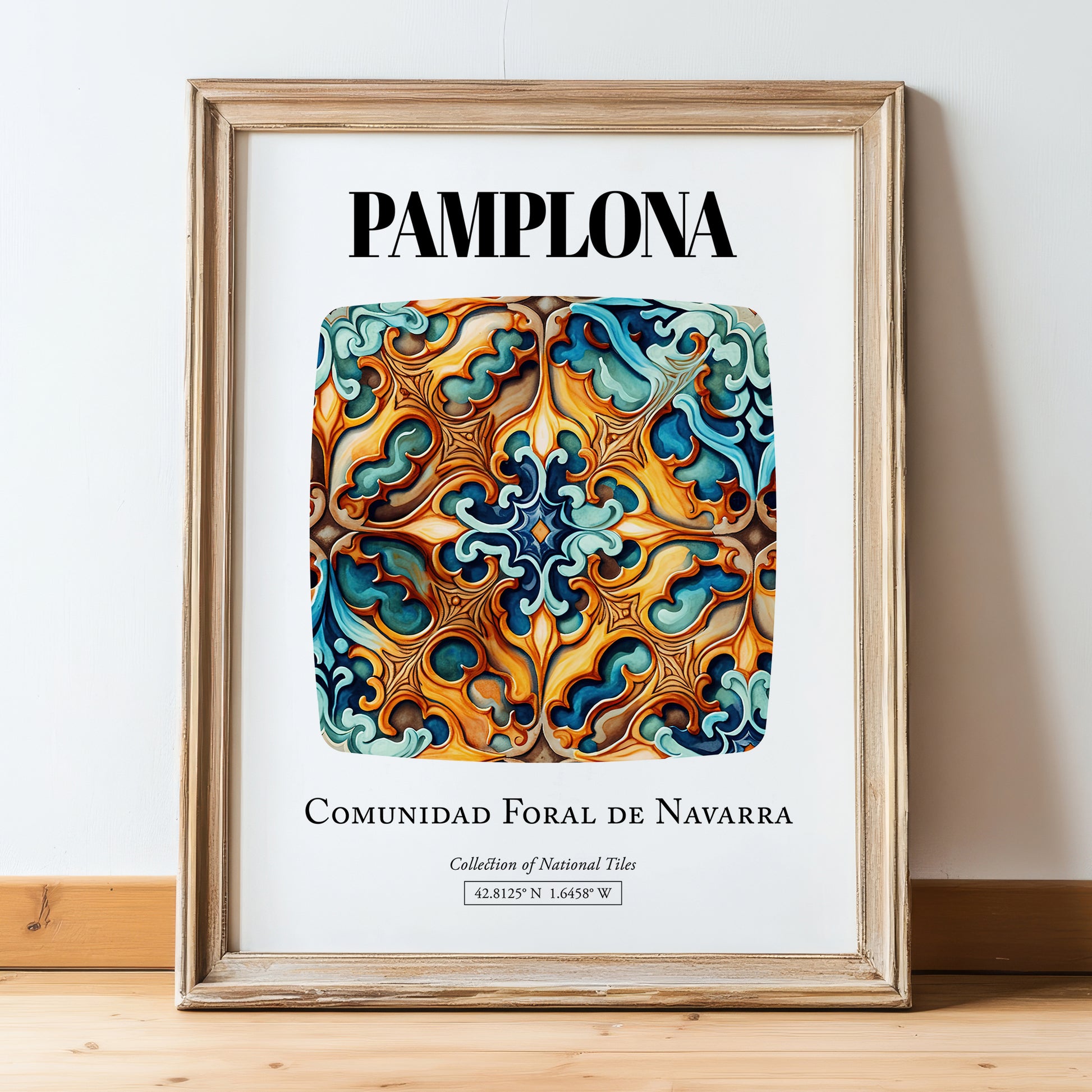 Pamplona, Spain – Away From Home Poster, in wooden frame leaning on the floor