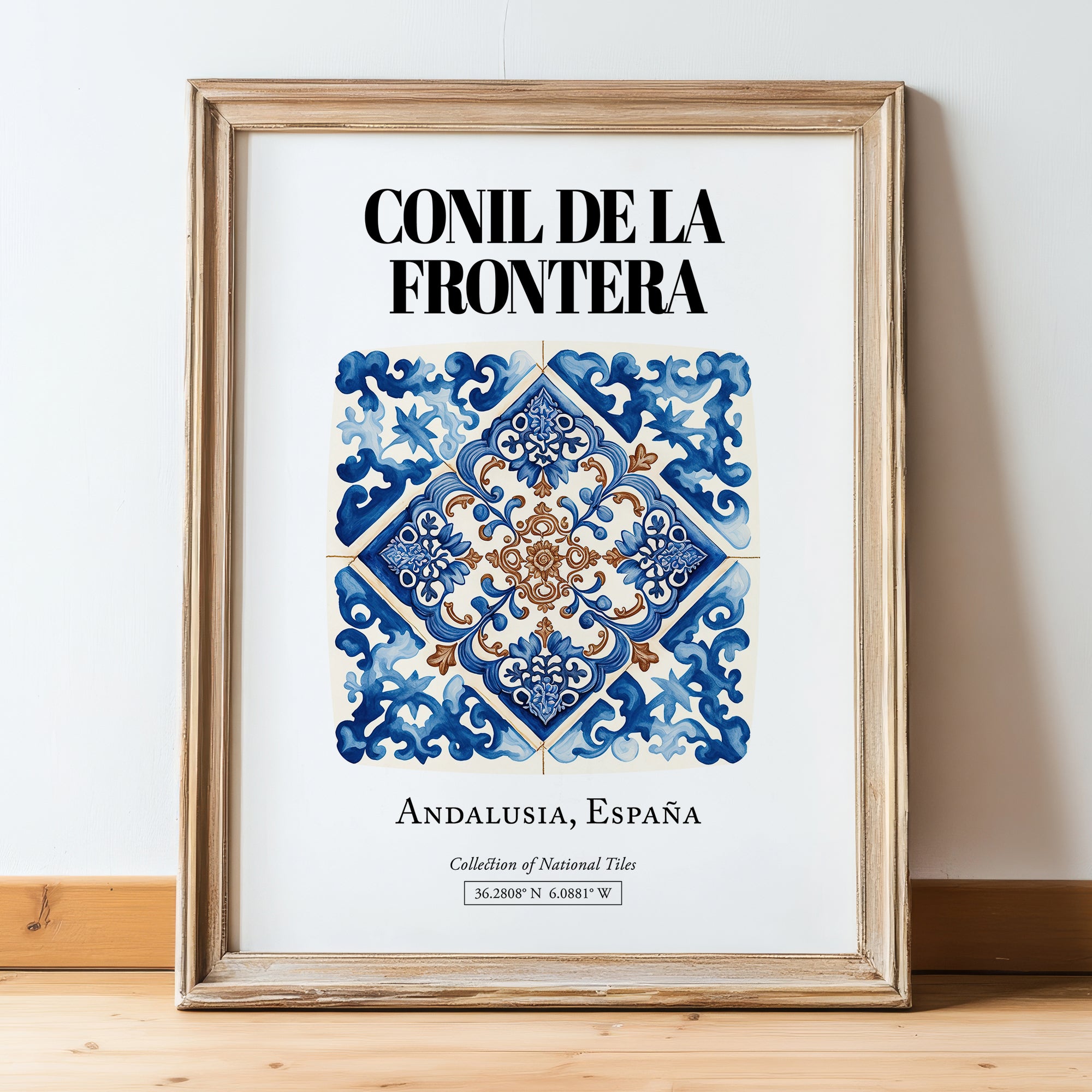 Conil De La Frontera, Spain – Travel Destination Art, in wooden frame leaning on the floor