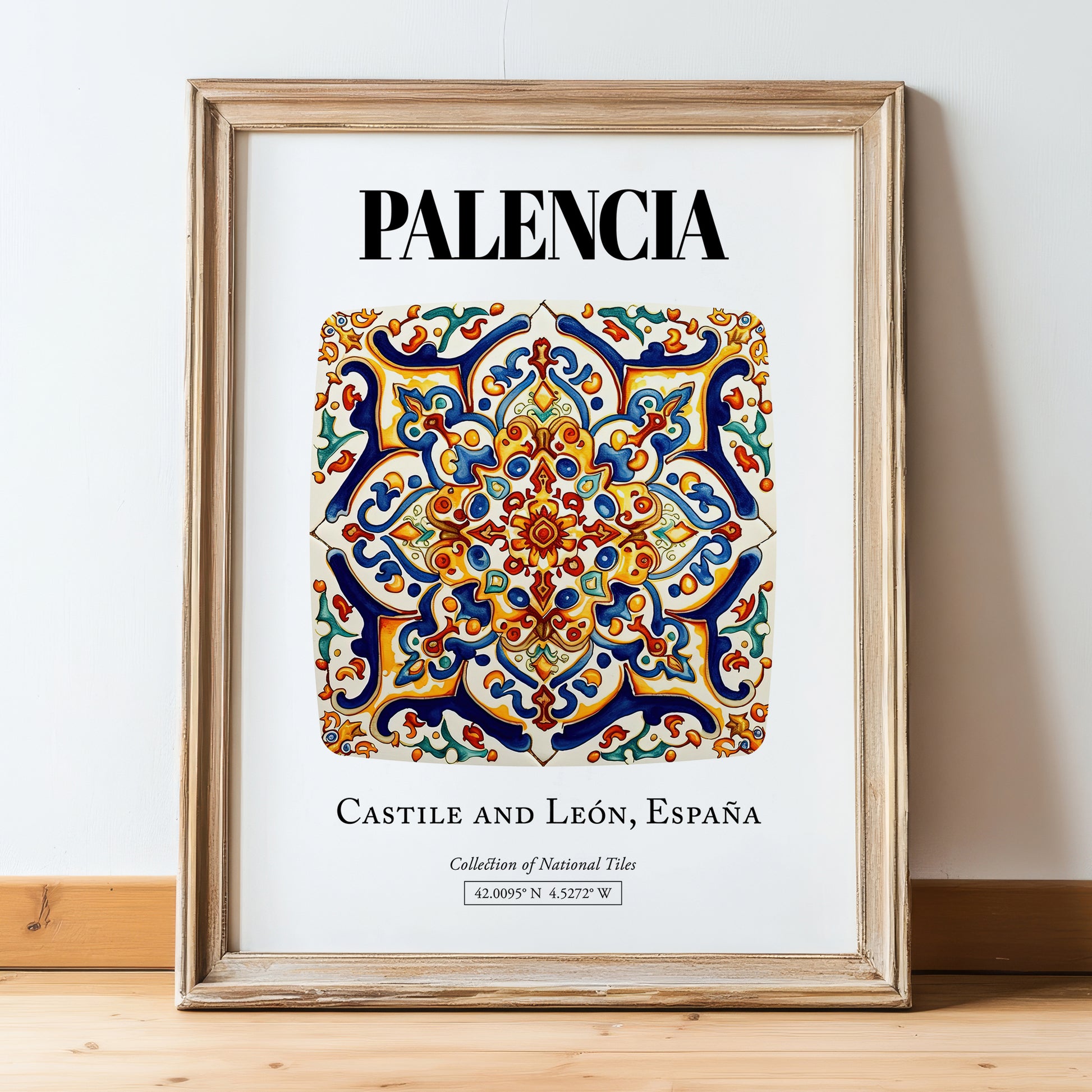 Palencia, Spain – Travel Poster, in wooden frame leaning on the floor