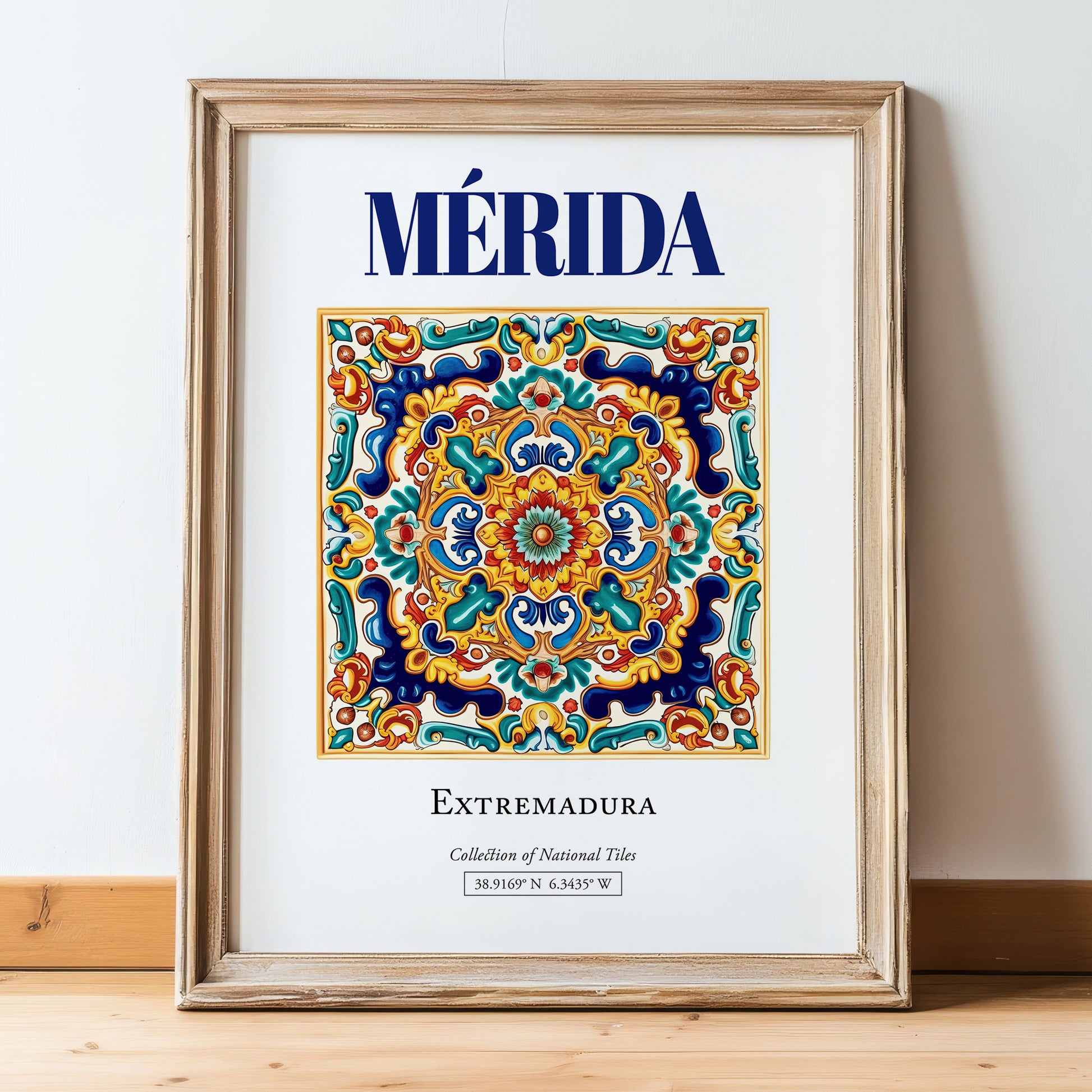 Mérida, Spain – Travel Poster, in wooden frame leaning on the floor