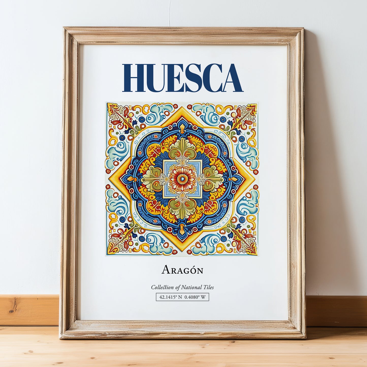 Huesca, Spain – Travel Poster, in wooden frame leaning on the floor