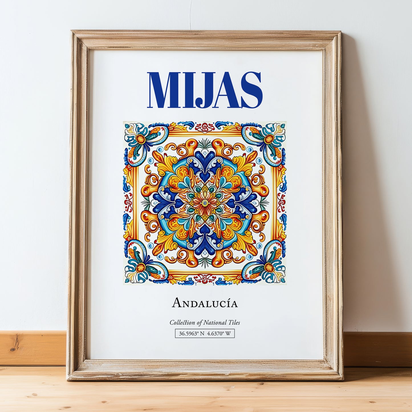 Mijas, Spain – Travel Poster, in wooden frame leaning on the floor