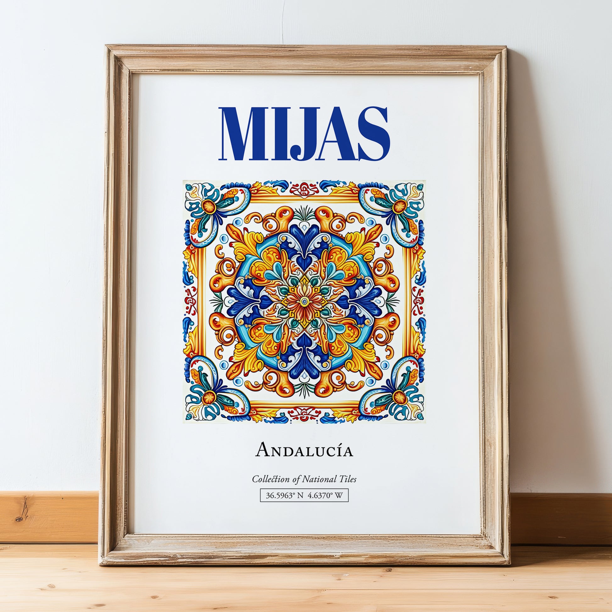 Mijas, Spain – Travel Poster, in wooden frame leaning on the floor
