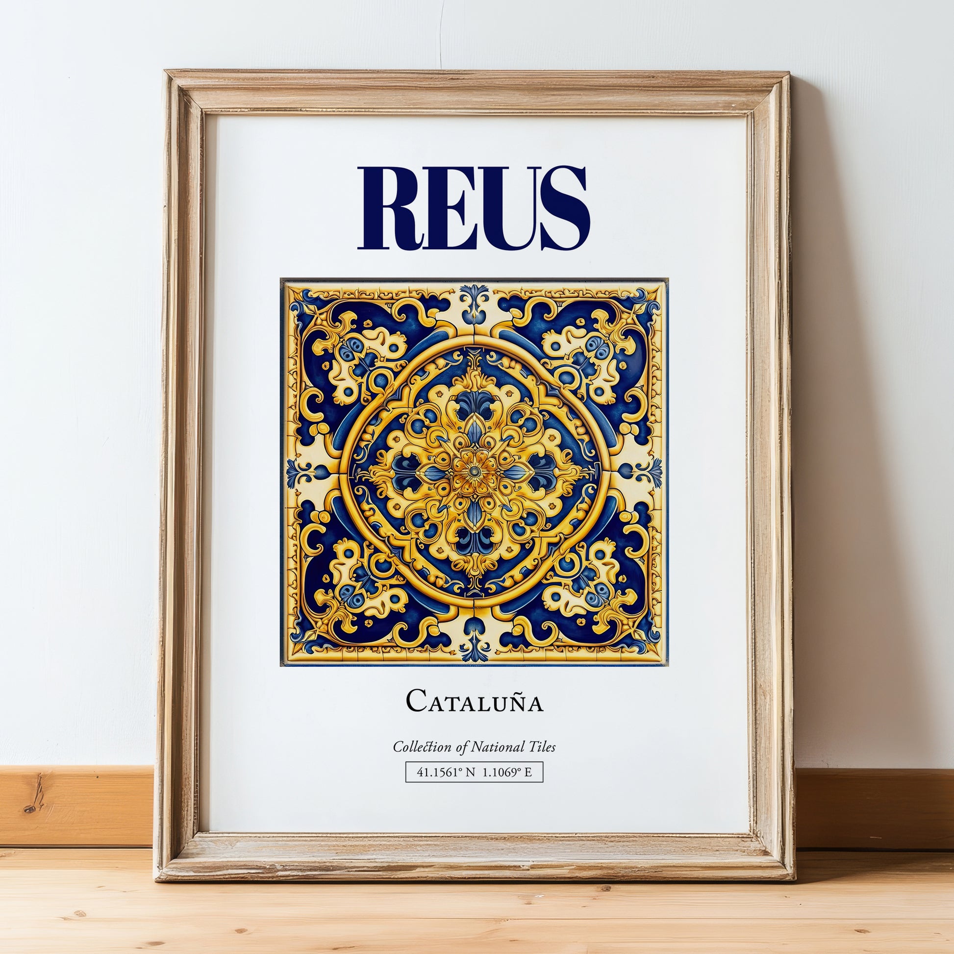 Reus, Spain – Travel Wall Decor, in wooden frame leaning on the floor