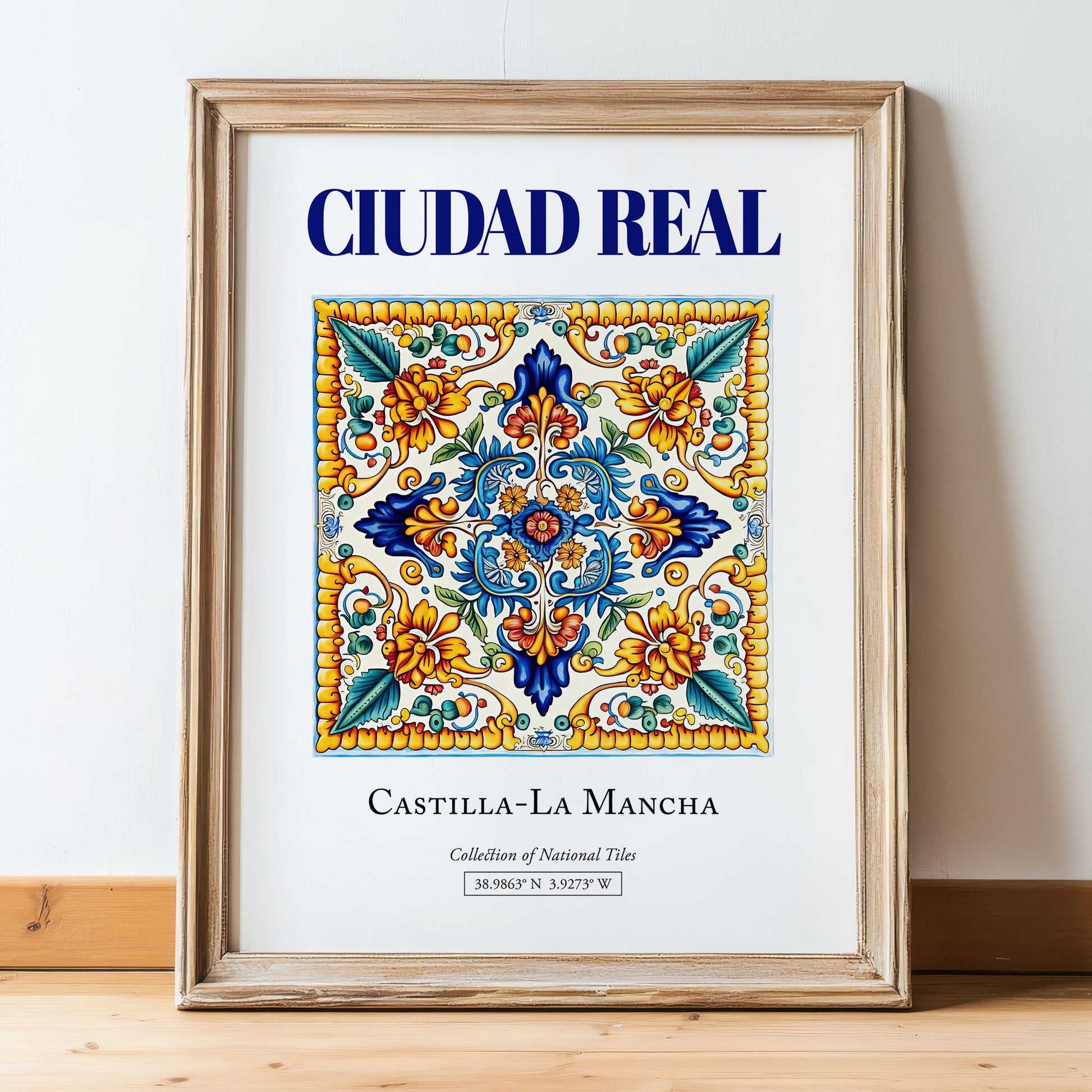 Ciudad Real, Spain – Travel Print, in wooden frame leaning on the floor