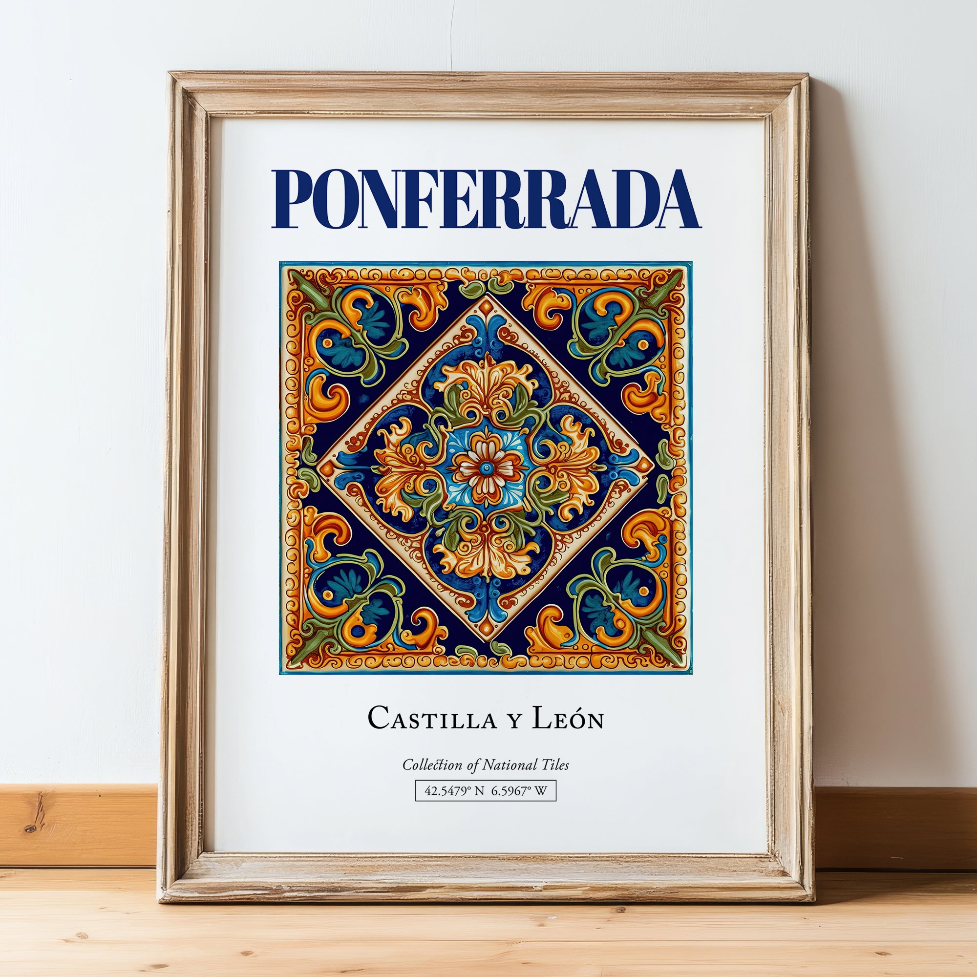 Ponferrada, Spain – Travel Wall Art, in wooden frame leaning on the floor