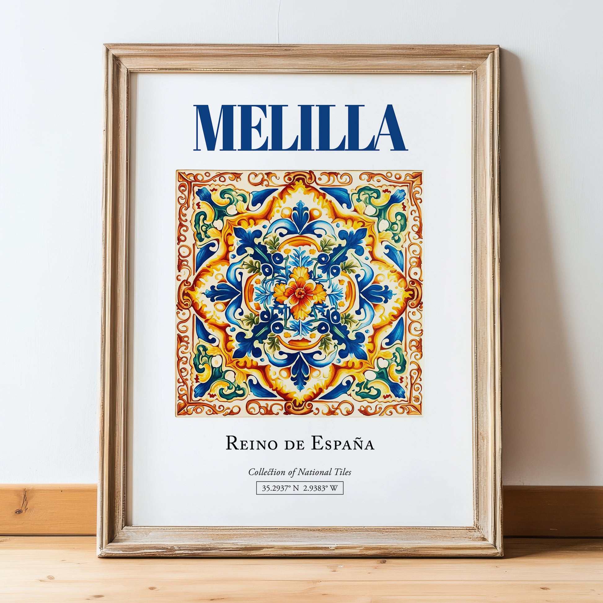 Melilla, Spain – Tourist Destination Poster, in wooden frame leaning on the floor